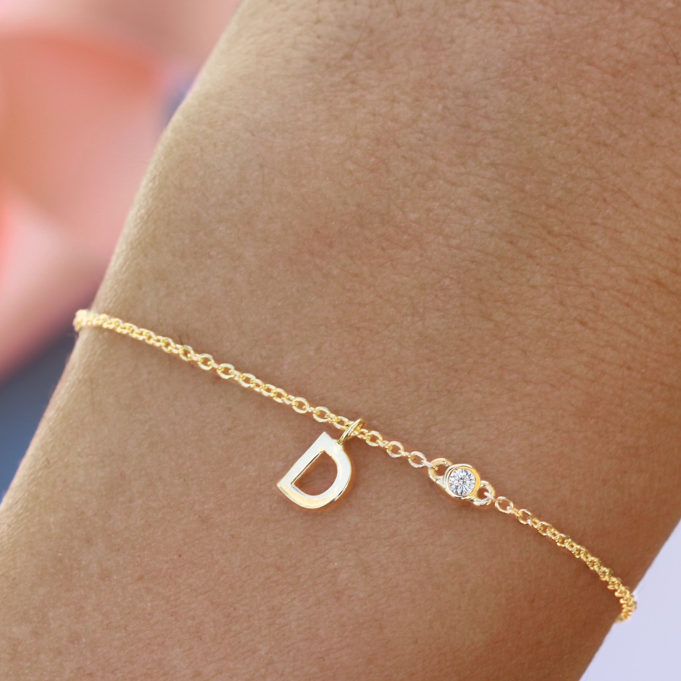 Mini Initial Letter Personalized Bracelet / Necklace 14K Gold with Diamond / Birthstone Necklace 42cm