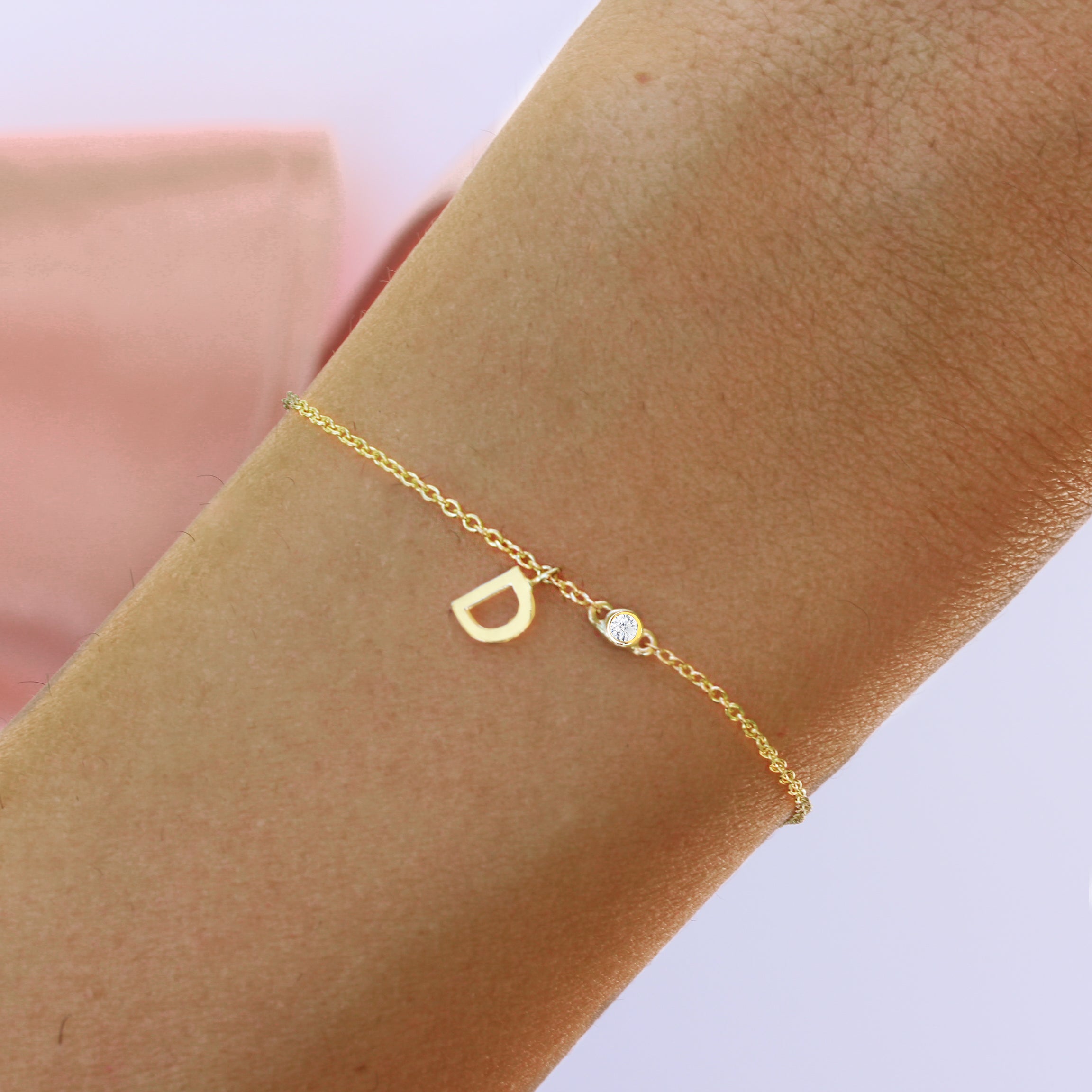 Mini Initial Letter Personalized Bracelet / Necklace 14K Gold with Diamond / Birthstone Necklace 42cm