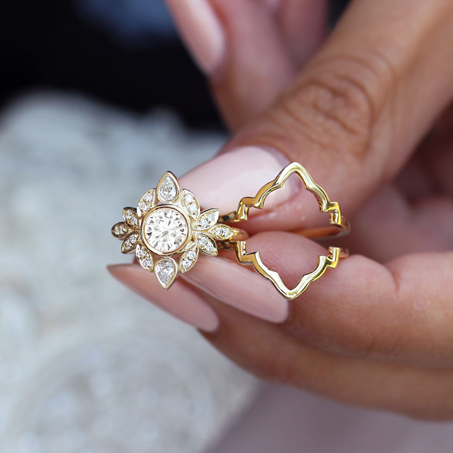 Lily #5 Diamond Flower Engagement Ring Set - sillyshinydiamonds