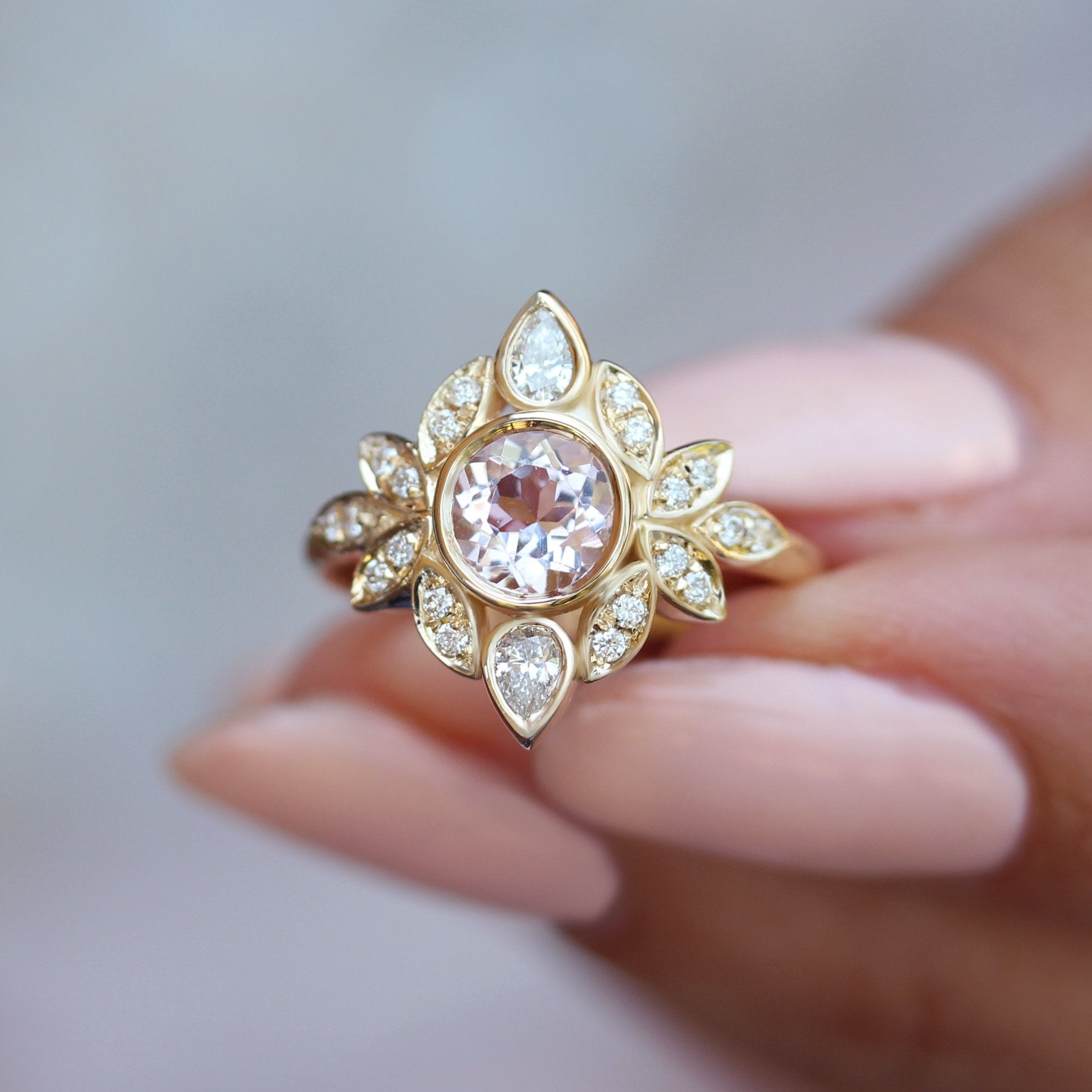 Morganite & Diamonds Flower Engagement Ring Lily #5 ♥