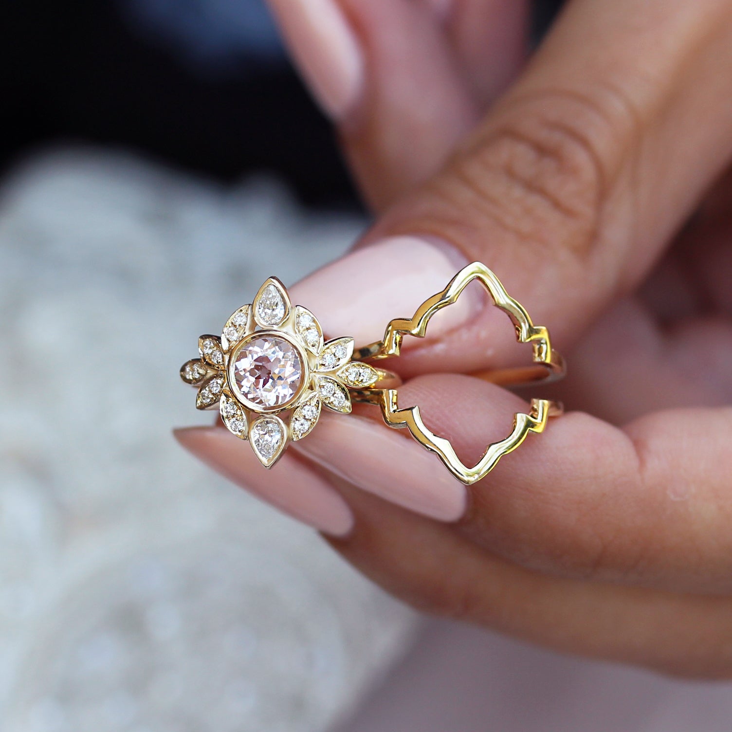 Lily #5 Morganite & Diamonds Flower Engagement Ring Set - sillyshinydiamonds