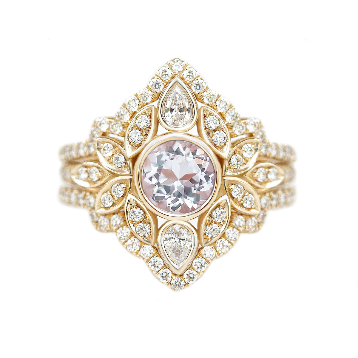 Morganite & Diamonds Flower Engagement Ring With Pave Diamond Rings Guard- Lily #5