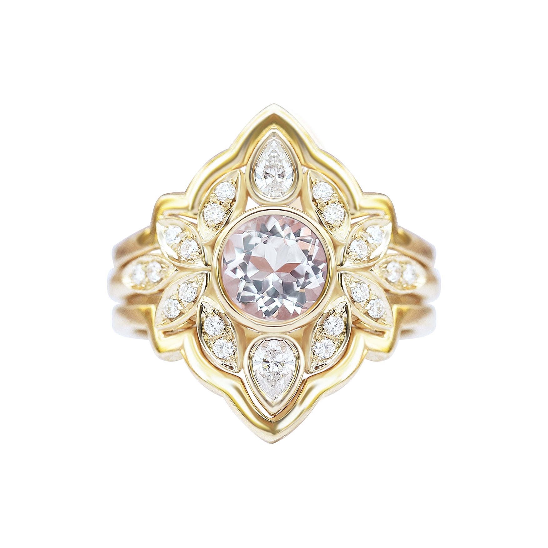 Morganite & Diamonds Flower Engagement Ring With Pave Diamond Rings Guard- Lily #5 ♥