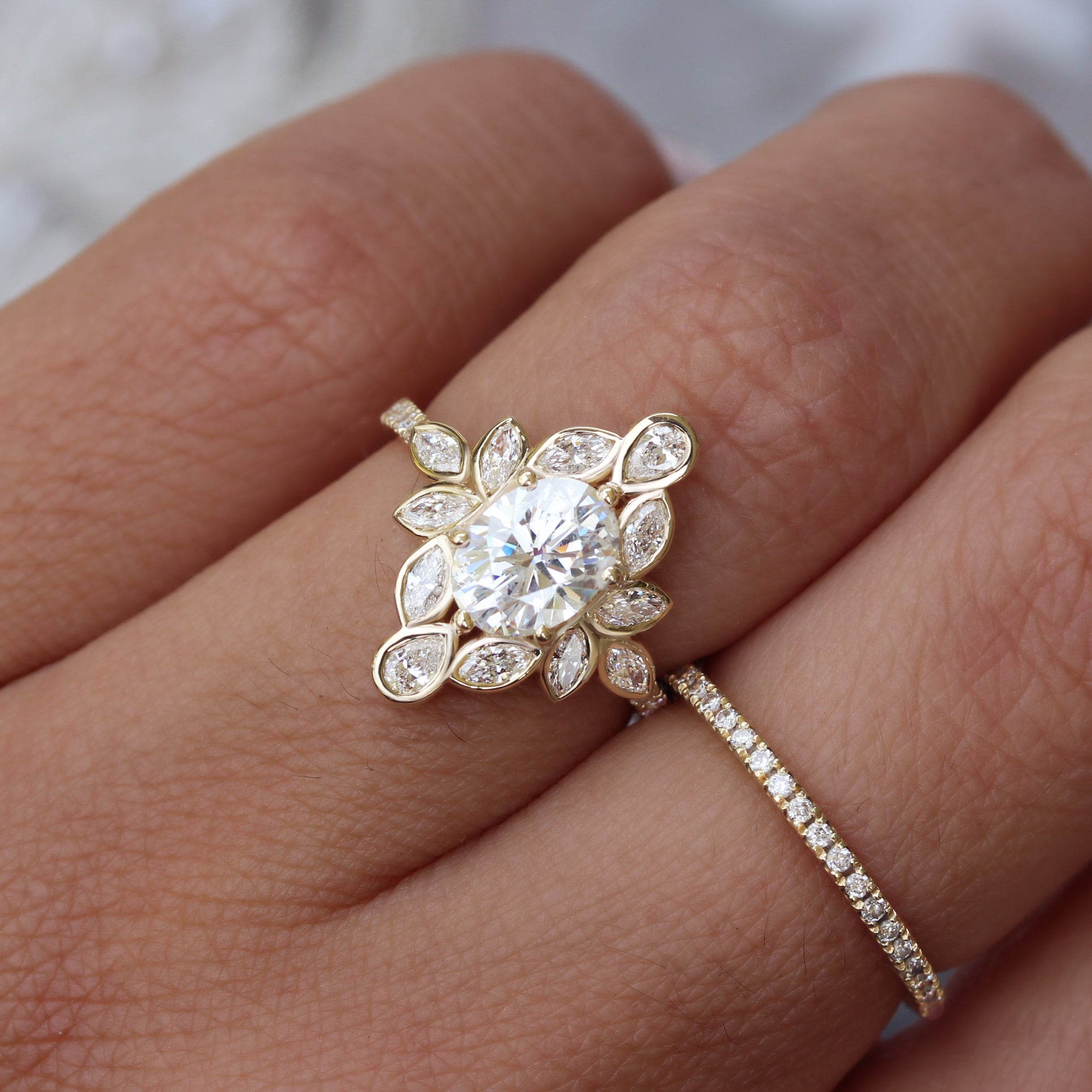 Oval & Marquise Diamonds Bezel Set Flower Engagement Ring with Pave Diamond Ring Wrap Lily #6