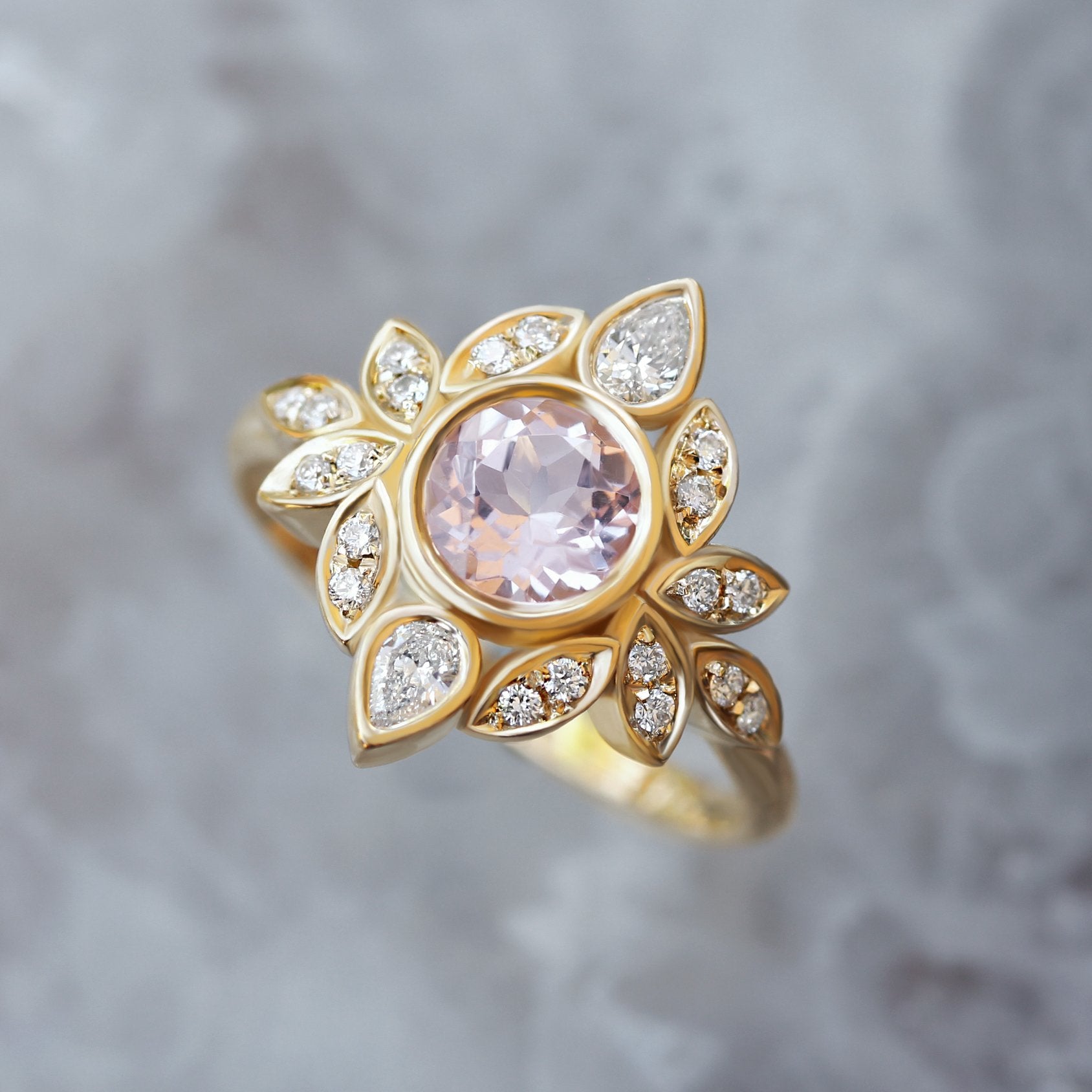 Morganite & Diamonds Flower Engagement Ring With Pave Diamond Rings Guard- Lily #5 ♥