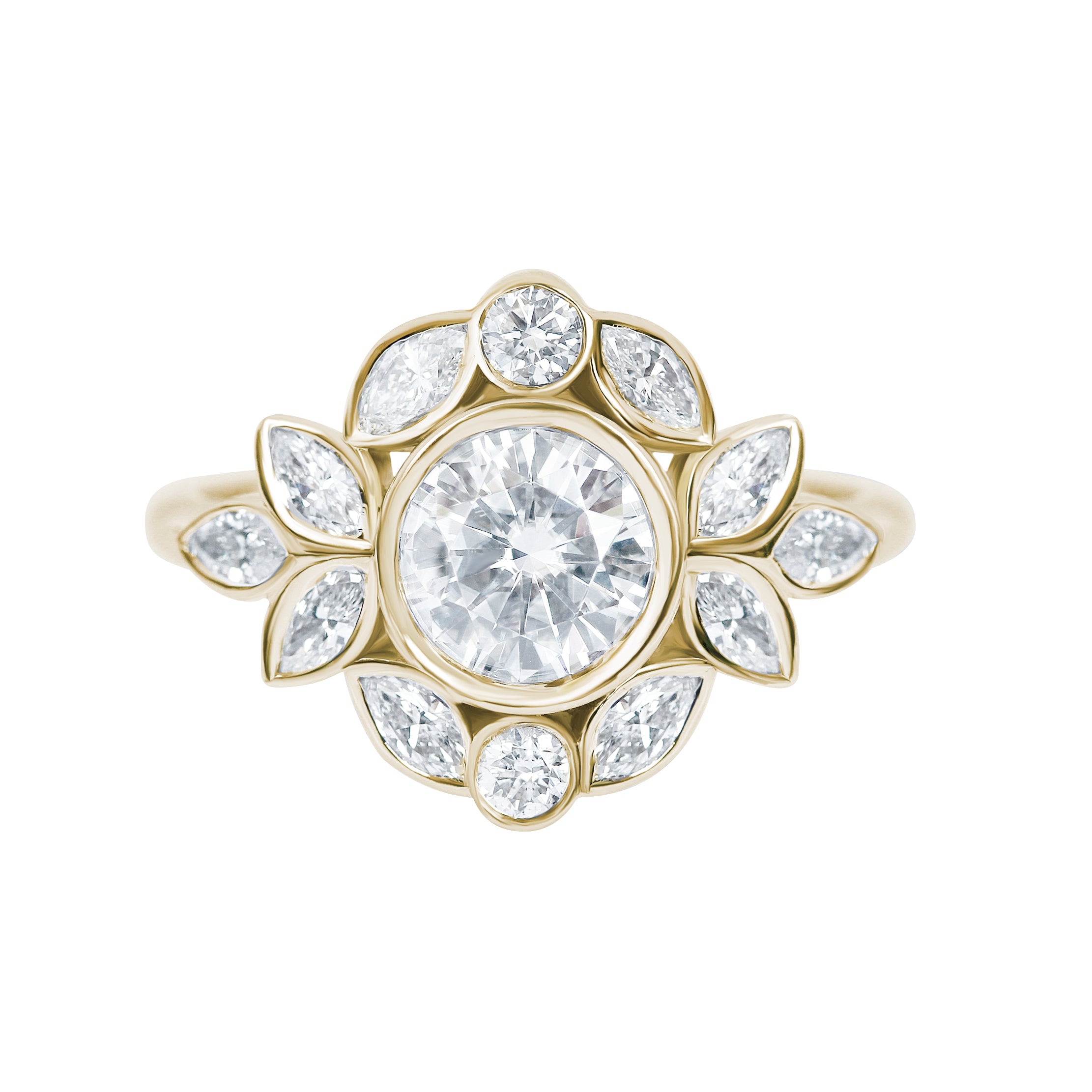 Bezel Diamond Flower Engagement Ring Set with Gold Ring Guard "Lily Emma" ♥