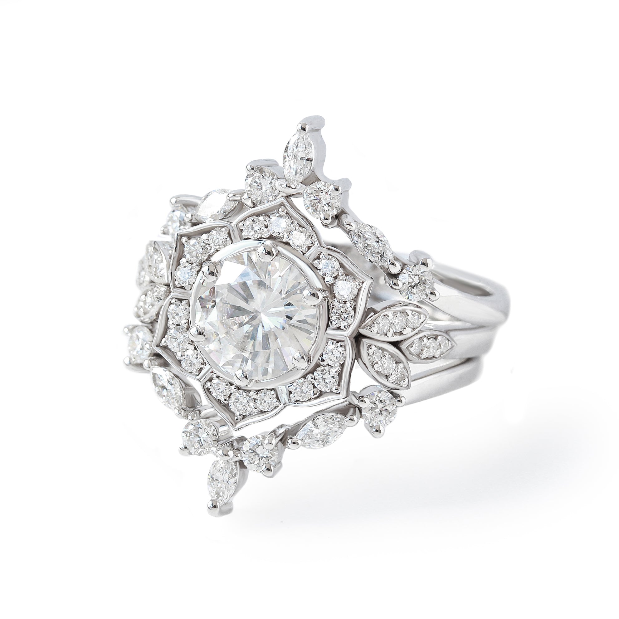 2ct Diamond Flower Engagement Ring, Three Rings Set - "Lily Pond" & "Hermes" ♥