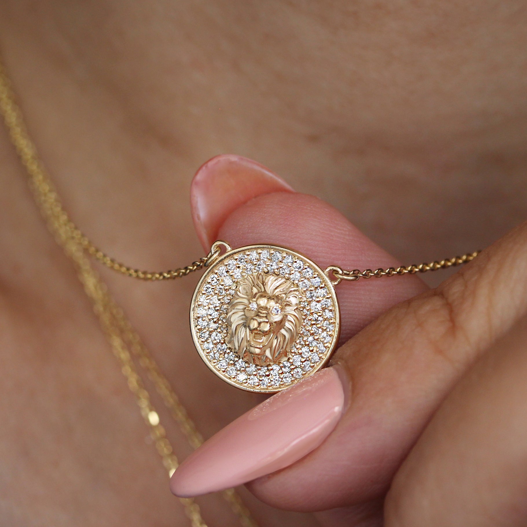 Lion Zodiac Symbol Diamond Pave Coin Pendant Necklace - "Lion King"