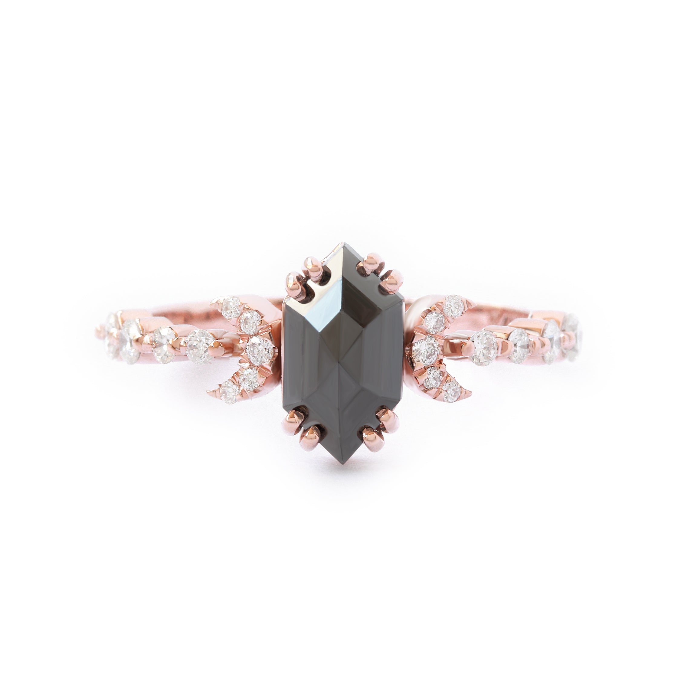 Black Long Elongated Hexagon Diamond Alternative Engagement Ring - Two Moons ♥
