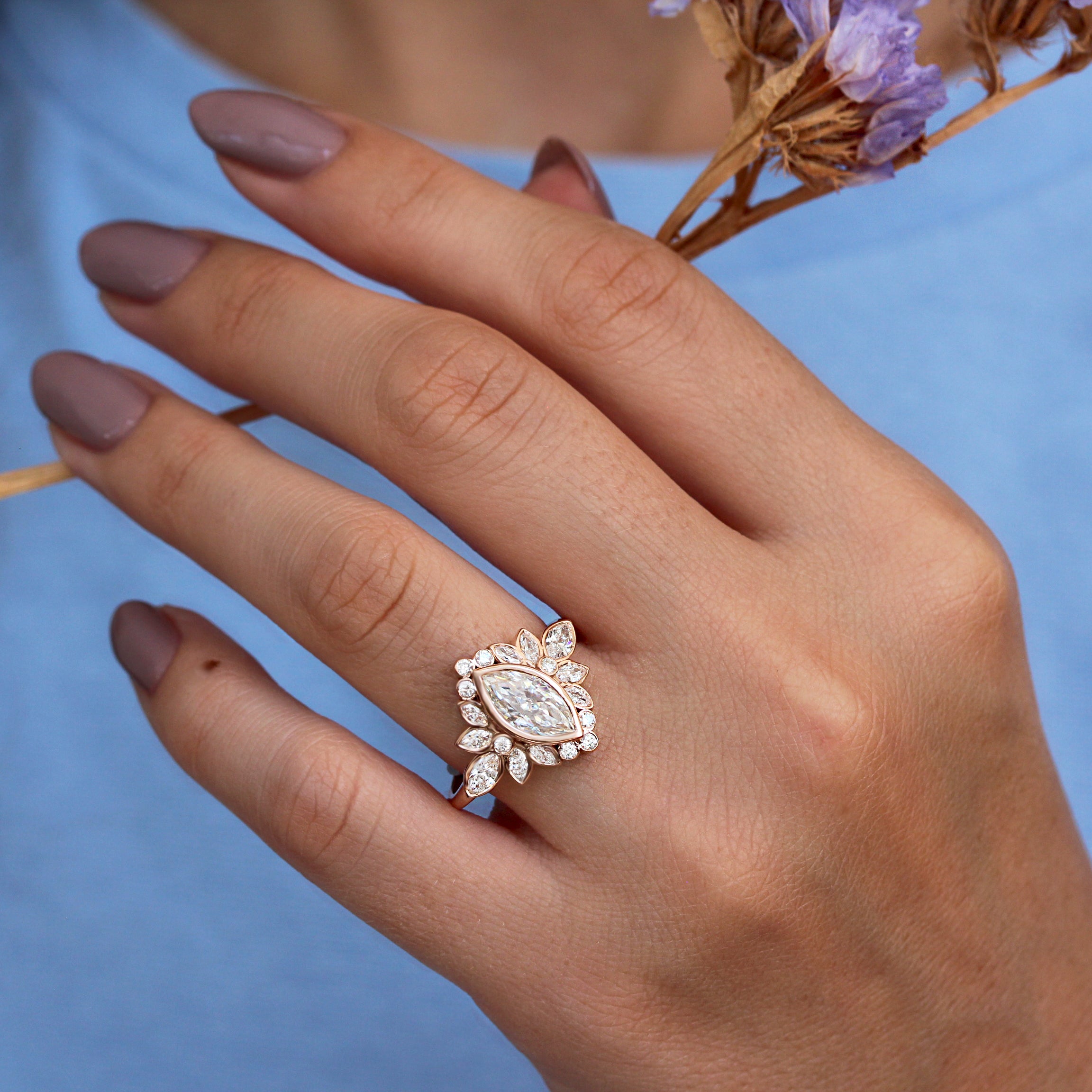 1CT Marquise Diamond Bezel Set Engagement Ring, Alicent
