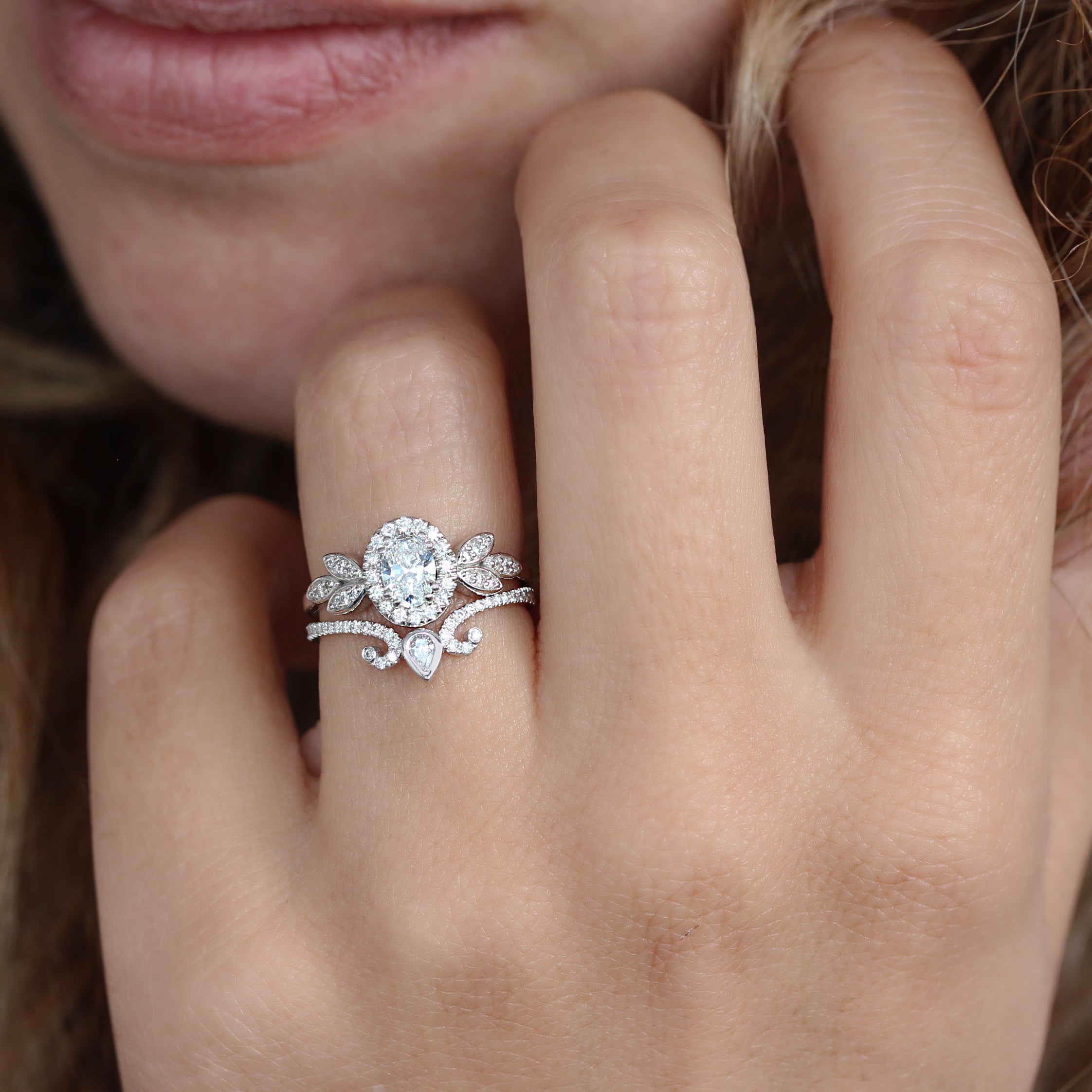 Oval Diamond Engagement Two Rings Set - Minimal Lily & Ariana ♥