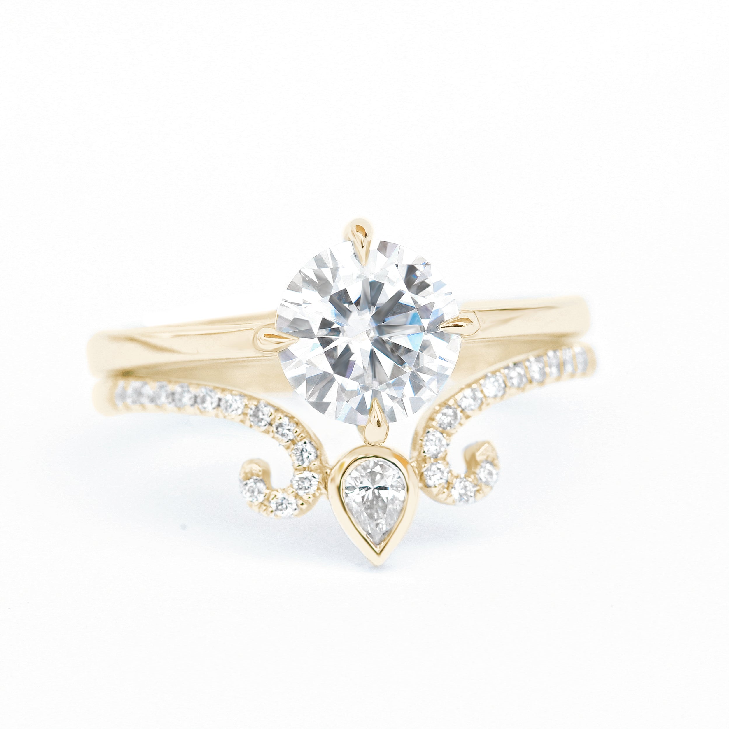 Moissanite & Pear Diamond Unique Engagement Ring Set, 14K Rose Gold, Forever One Moissanite Weeding Ring, East West Ariana - sillyshinydiamonds