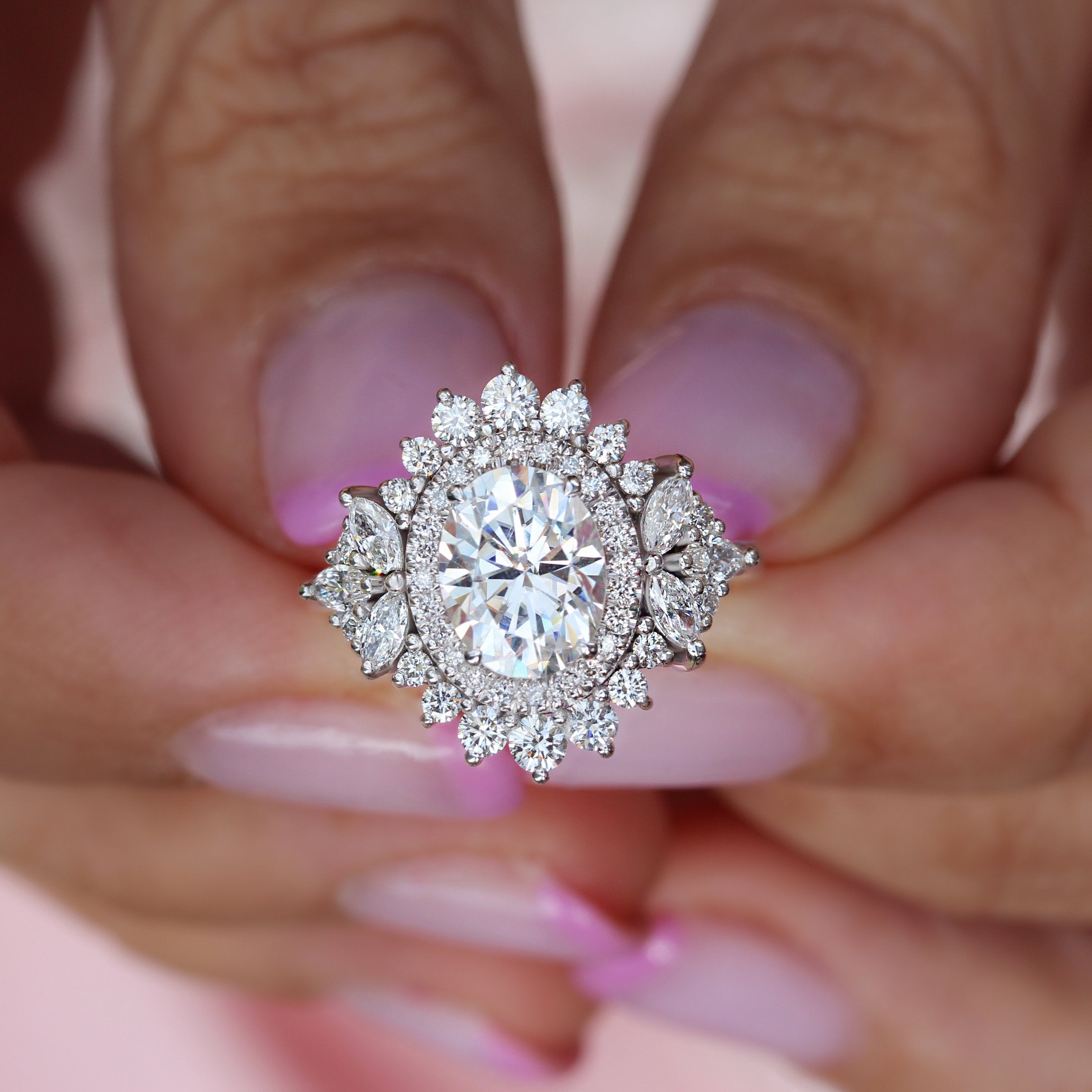 Double halo 1.5ct oval diamond royal engagement ring Monaco white gold made by silly shiny diamonds 