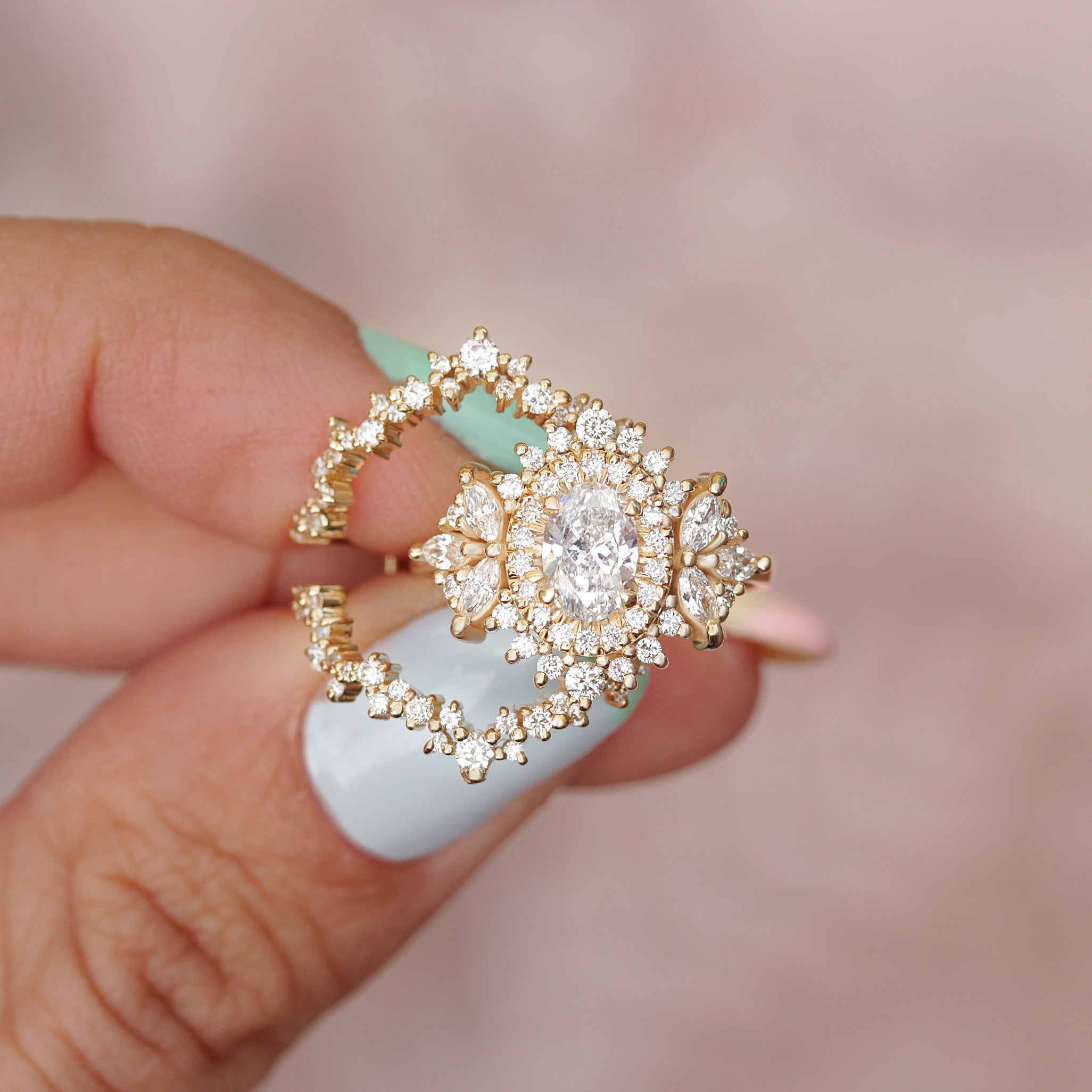 Double Halo Oval Diamond Engagement Ring with Ring Guard Enhancer - "Monaco" made by silly shiny diamonds , yellow gold 
