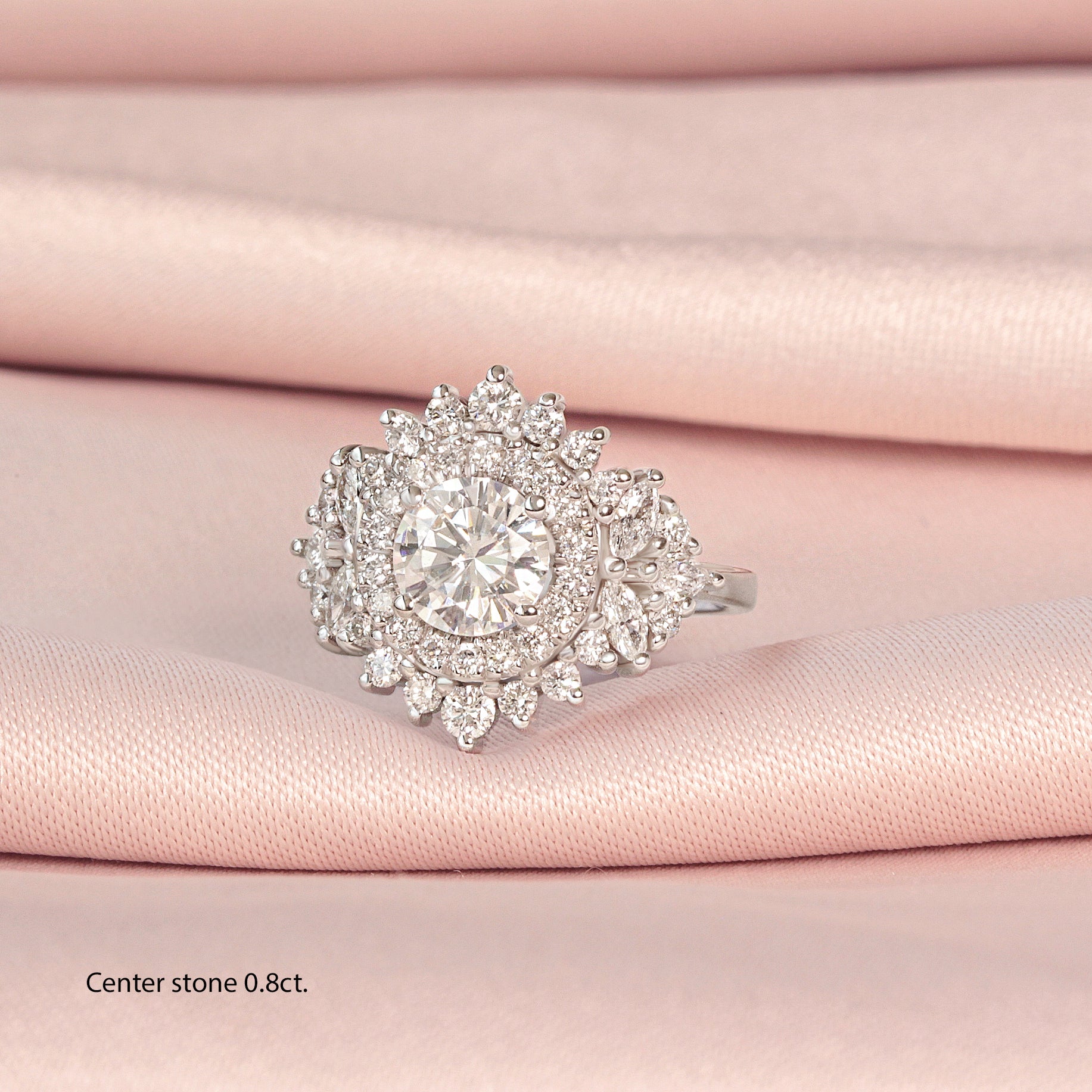 Large Double Halo Round Diamond Unique Statement Engagement Ring, "Monaco" white gold
