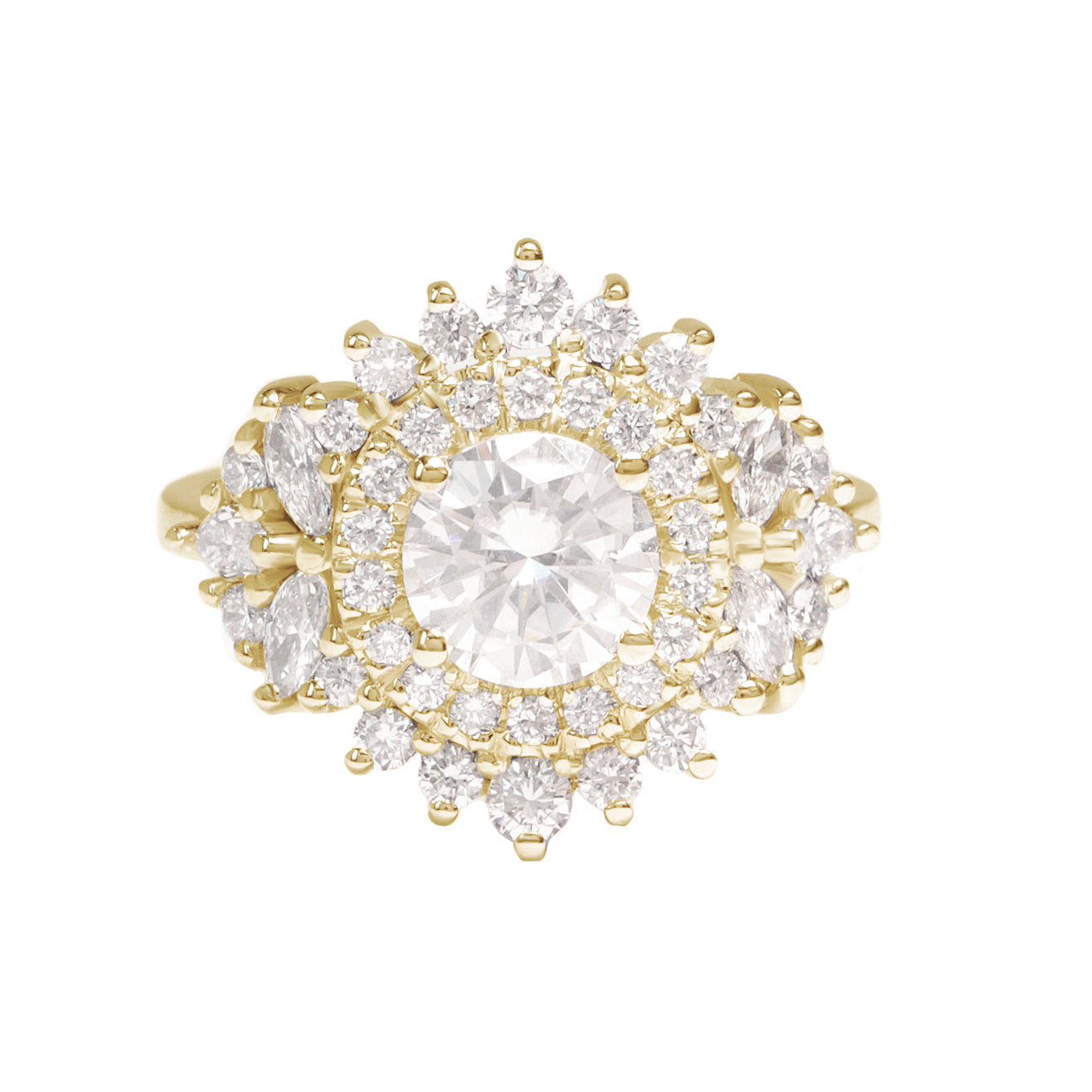 Large Double Halo Round Diamond Unique Statement Engagement Ring, "Monaco" yellow gold 