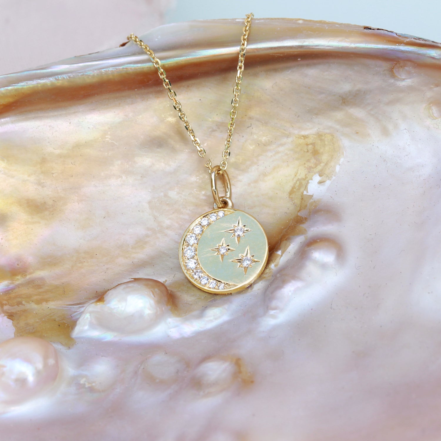 Diamond Crescent Moon & Stars Coin Pendant | sillyshinydiamonds