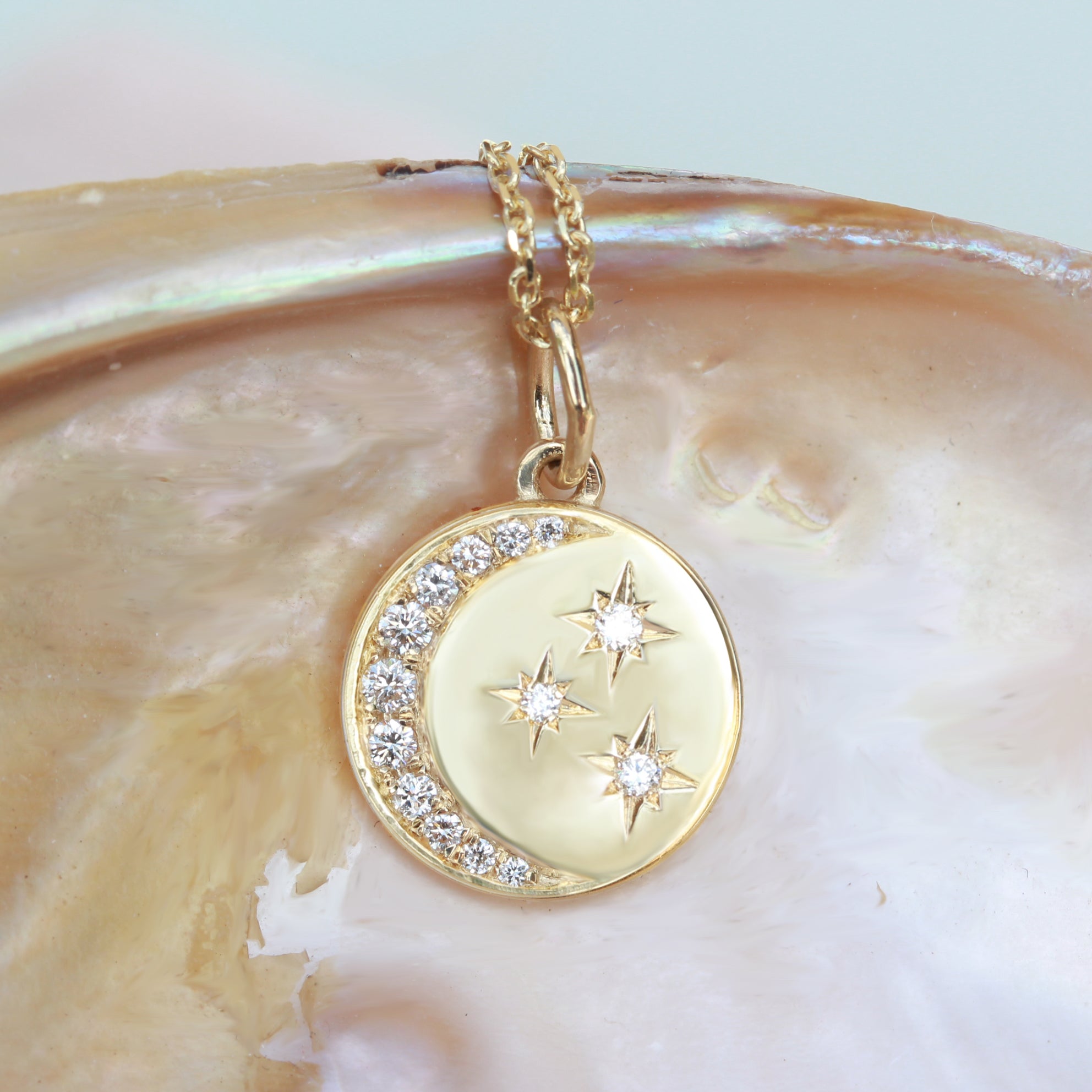 Diamond Crescent Moon & Stars Coin Pendant