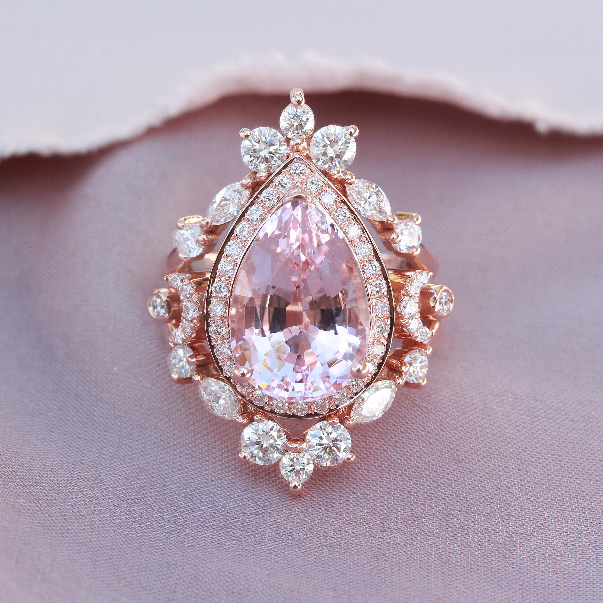 Pink Pear Shape Lab Diamond Engagement Three Ring Set - Moonchild
