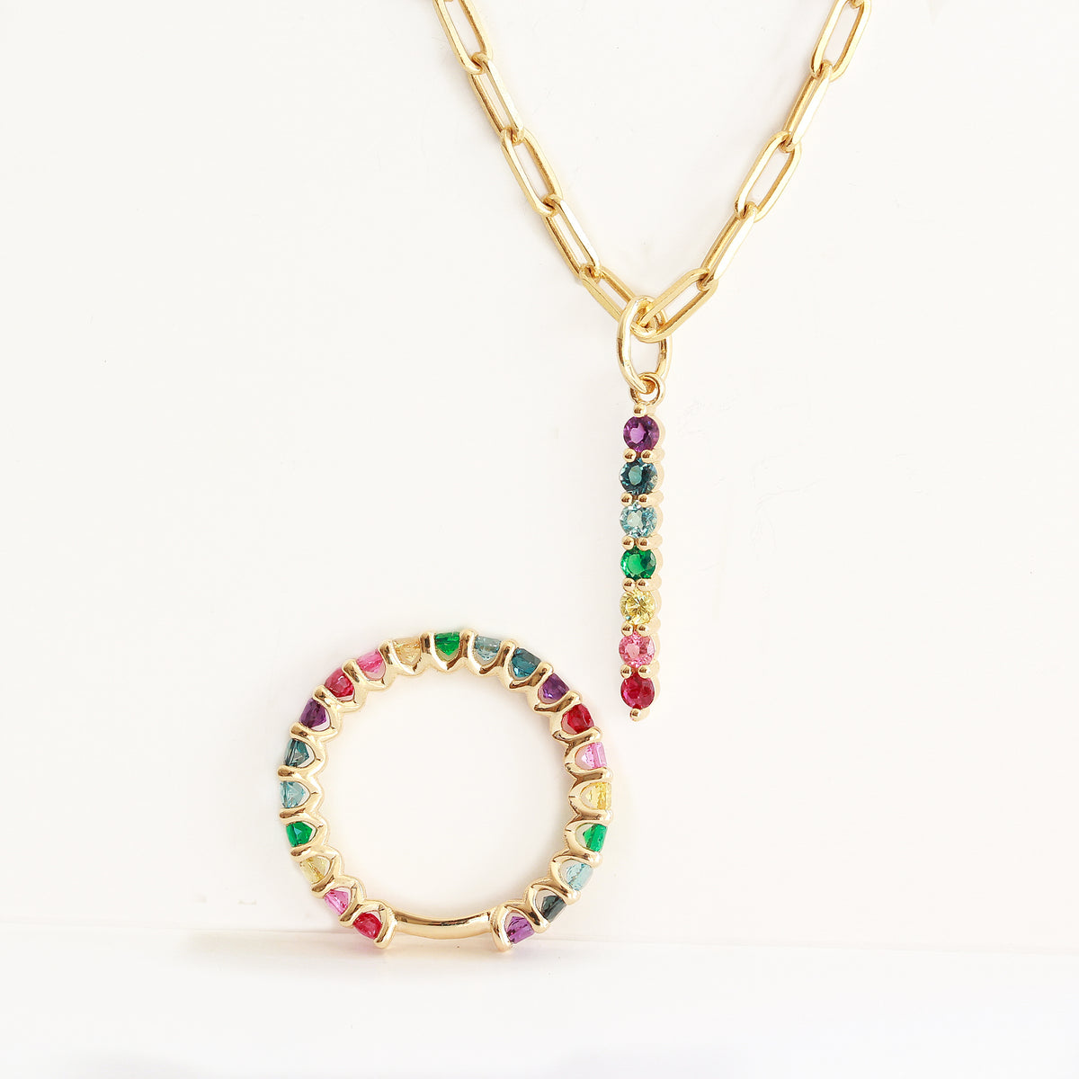 rainbow pendant  ring 14K yellow gold mix gemstone