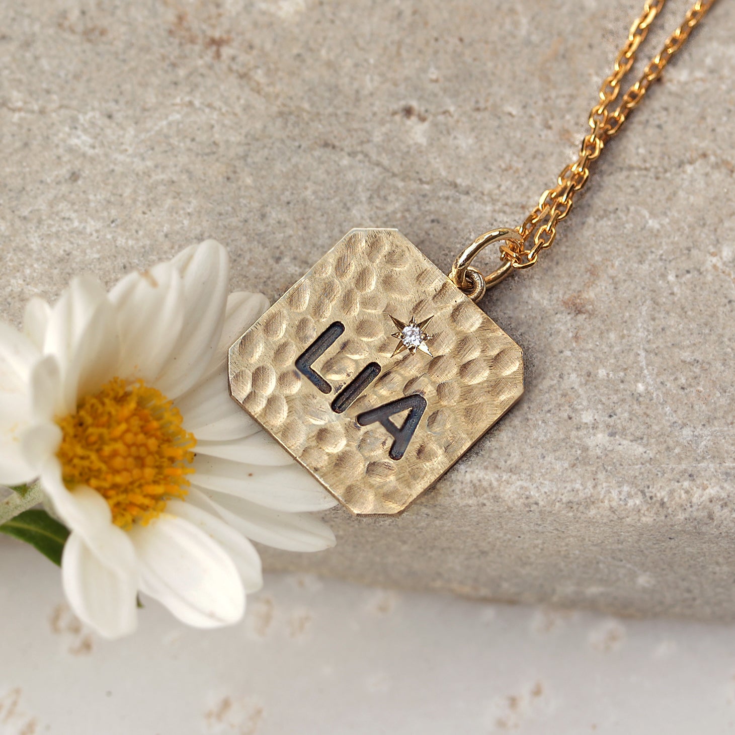 Personalized name square charm one diamond necklace - Ready to ship, LIA - sillyshinydiamonds