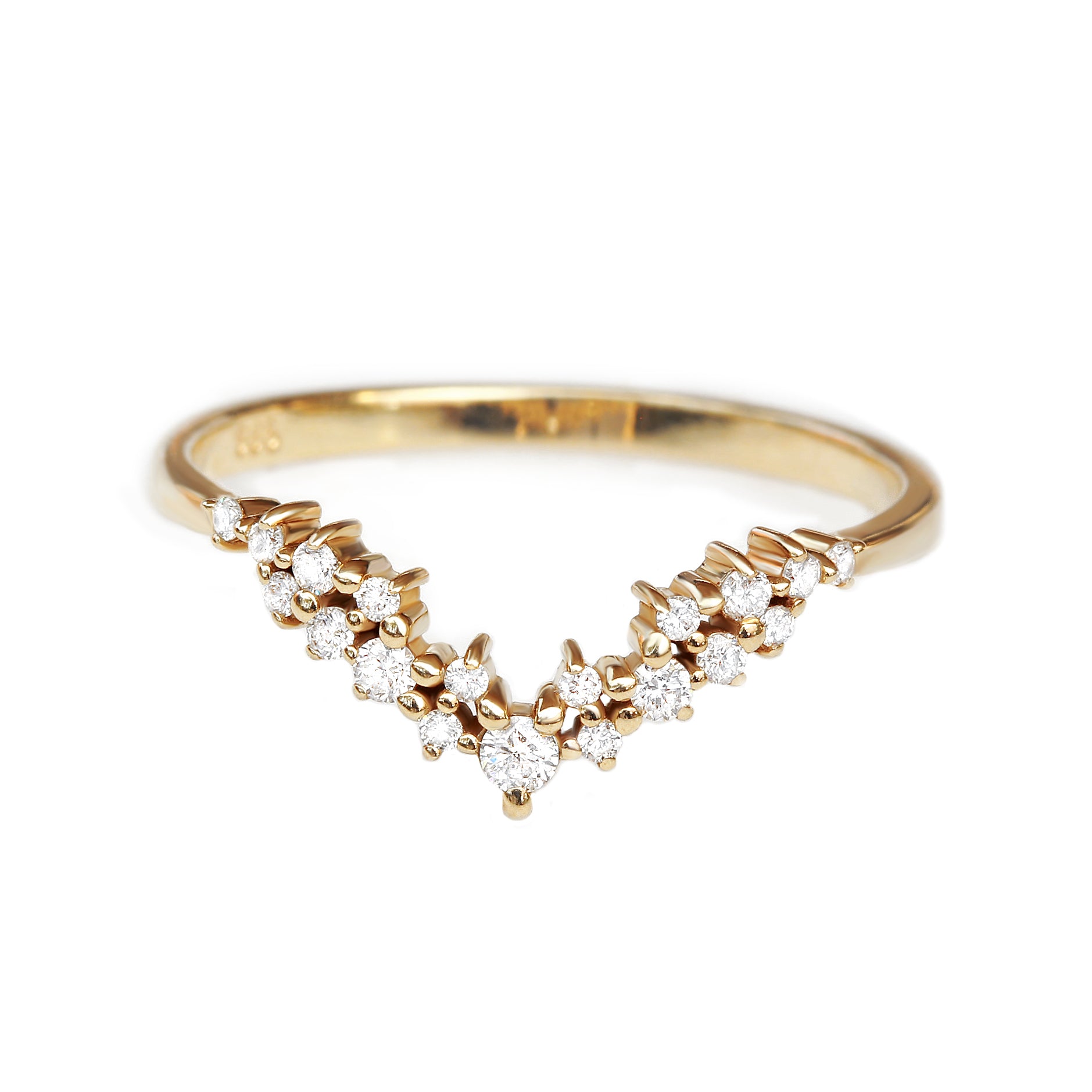 diamond dust cluster V ring stacking wedding band yellow gold 