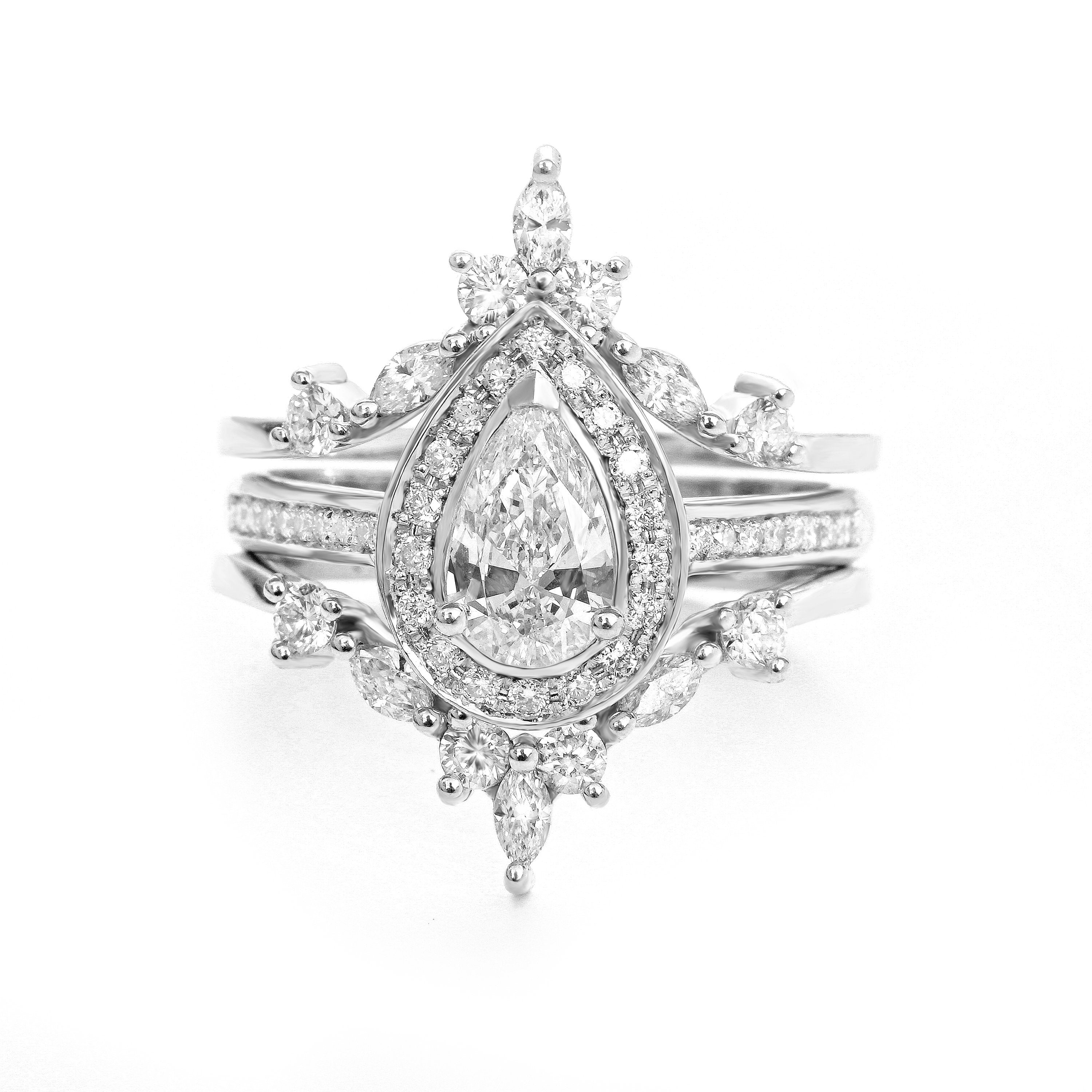 Pear Nia & Two Hermes - 1.45ct Pear Diamond Halo Unique Engagement & Wedding Three Rings - Set - sillyshinydiamonds
