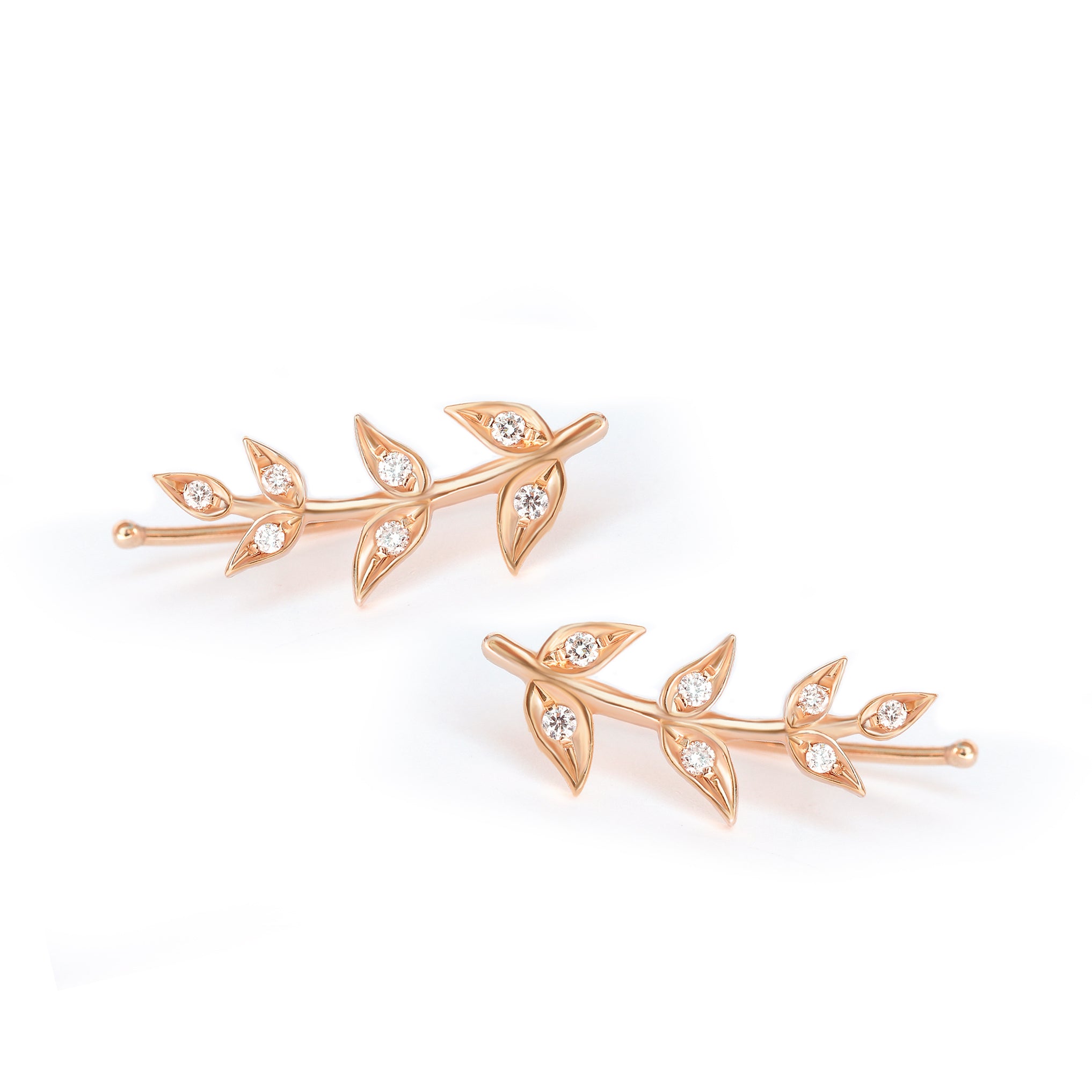 Olive Branch Leaves gold & Diamonds wedding earring - 14K Yellow gold ,Ready to ship - sillyshinydiamonds