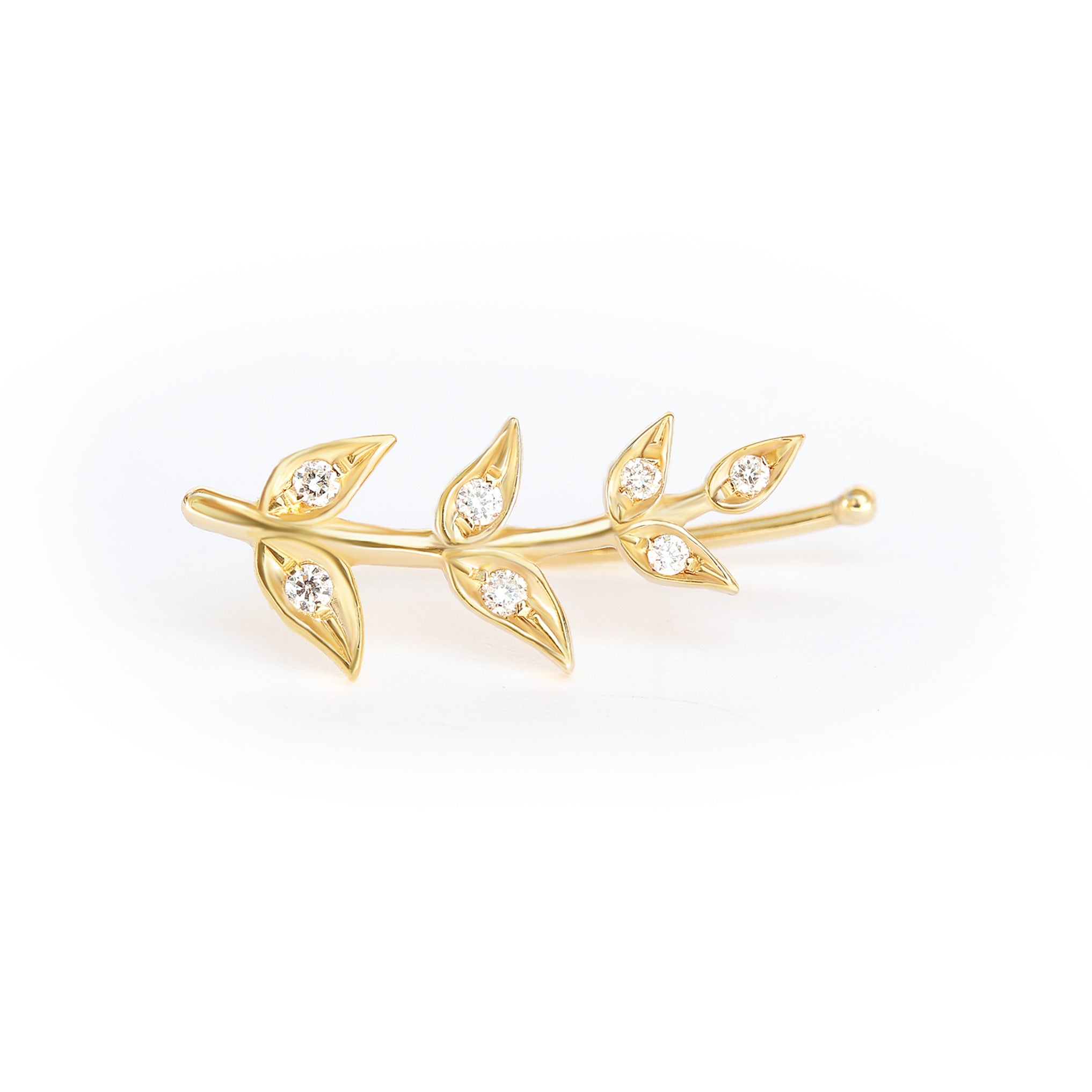 Olive Branch Leaves gold & Diamonds wedding earring - 14K Yellow gold ,Ready to ship - sillyshinydiamonds