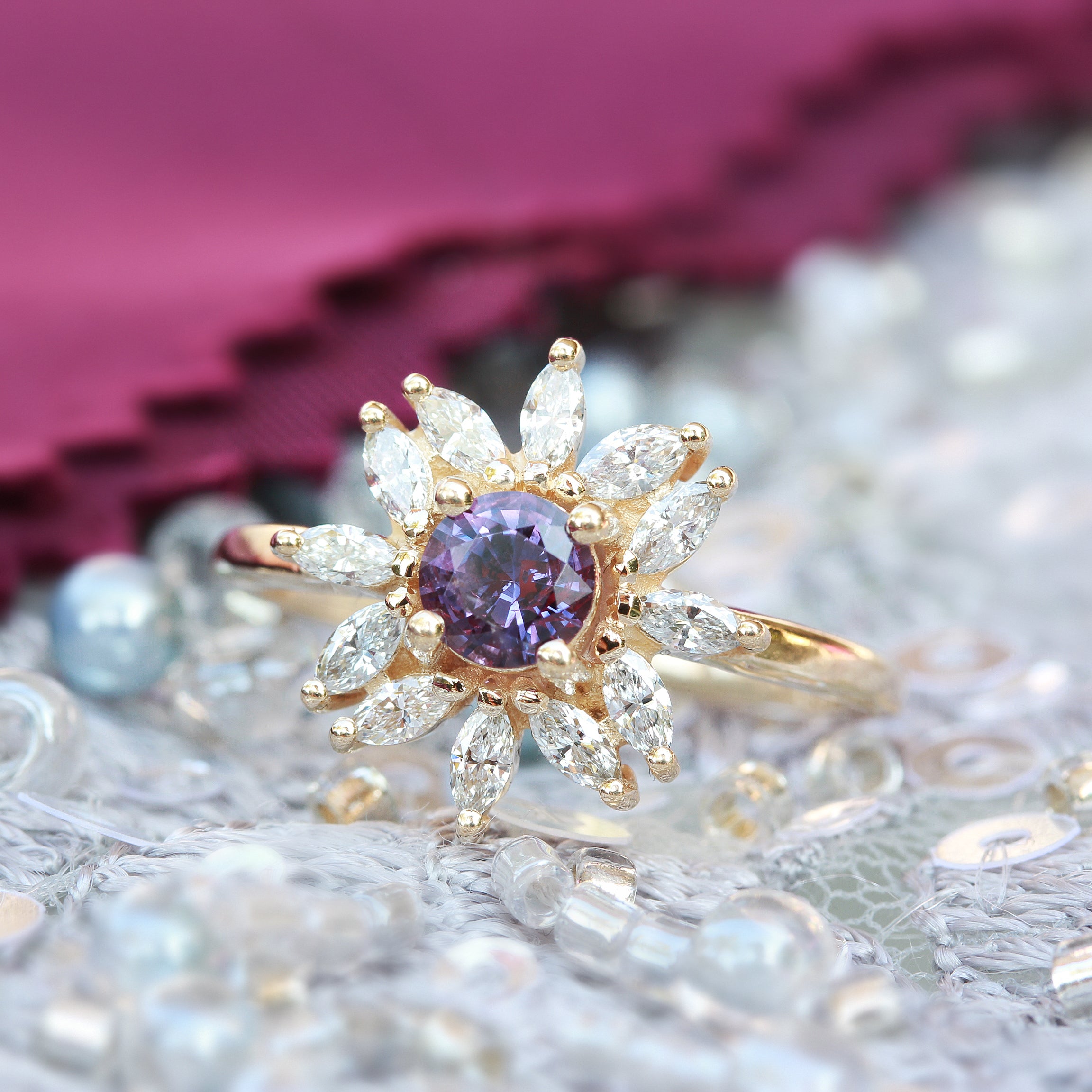 Unique Round lavender sapphire engagement ring, Odyssey