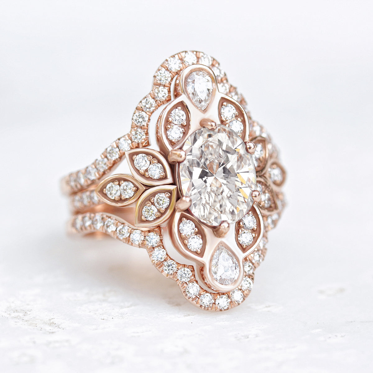 Oval Diamond Flower Engagement Ring With Pave Diamond Ring Guard Lily ...