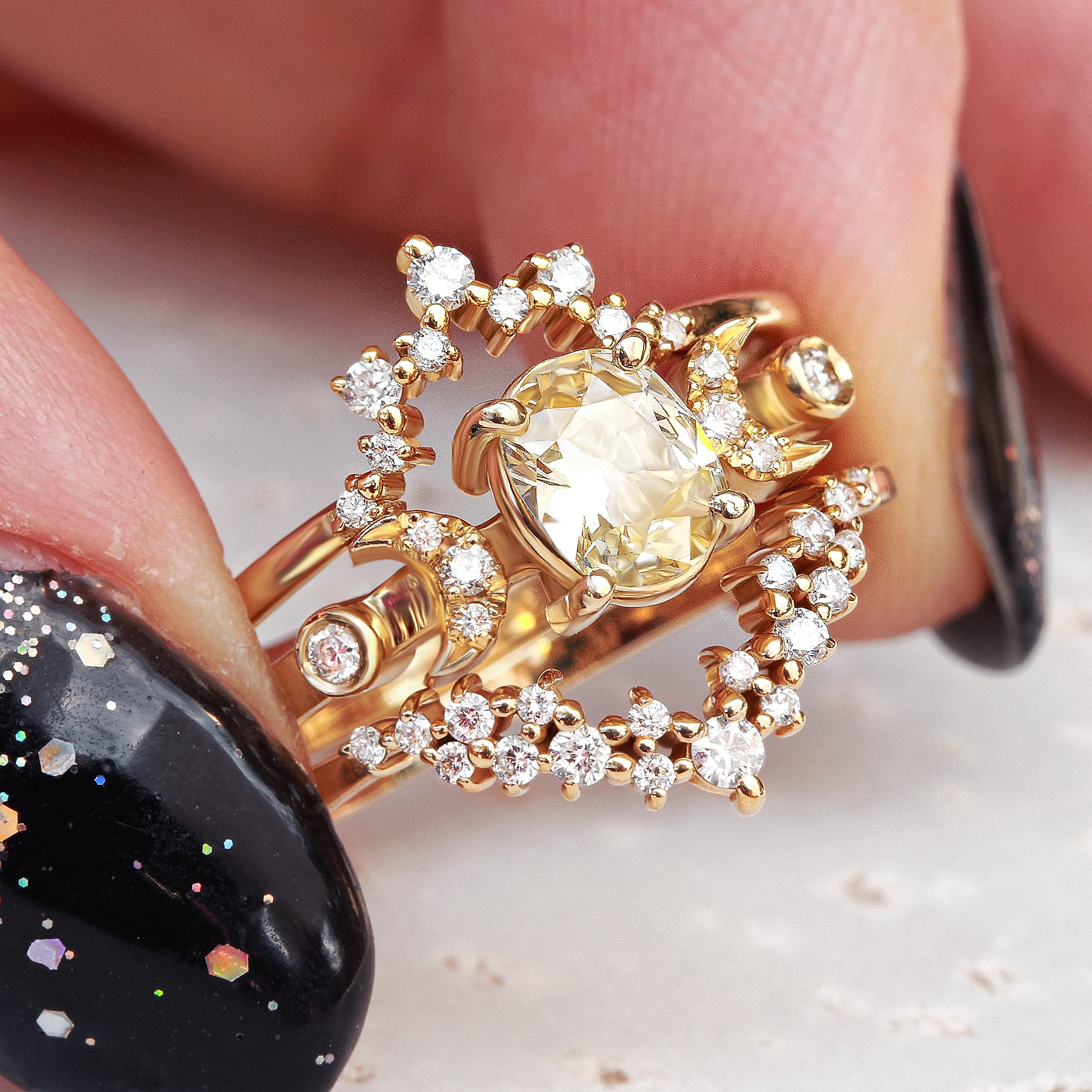Hindi Moon phase Yellow Oval Diamond 0.66 carat Celestial Unique Engagement Ring - sillyshinydiamonds