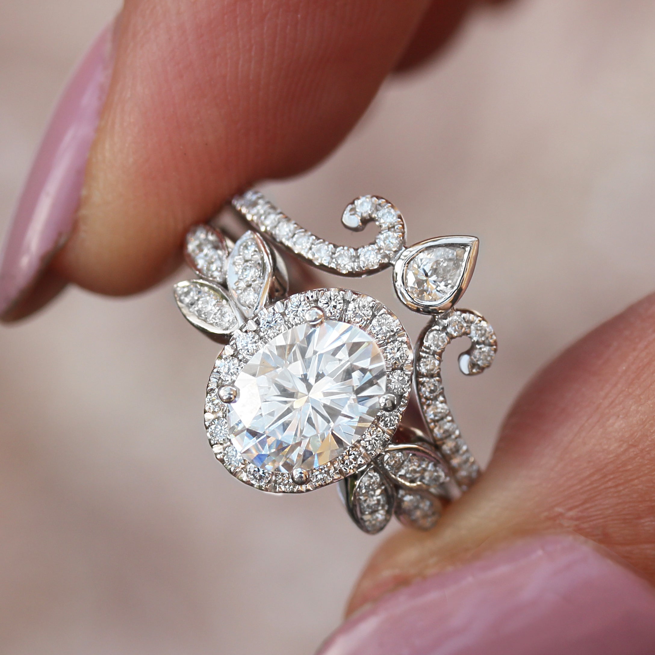 Oval moissanite and diamonds - Minimal Lily Paired with Ariana Ring Set - sillyshinydiamonds