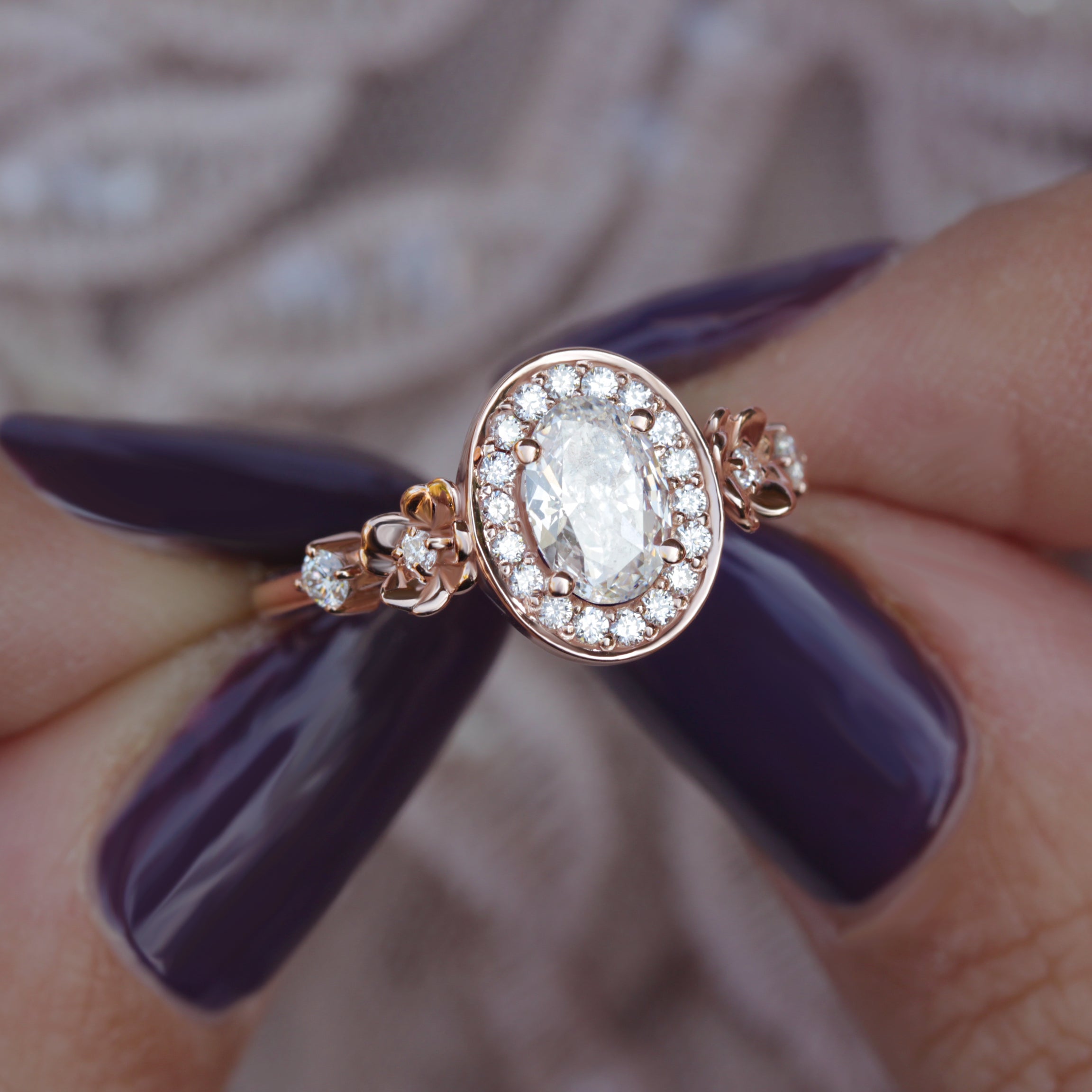 Oval Diamond Floral Engagement Ring with One Nesting Ring - "Antheia" & "Iceland" ♥