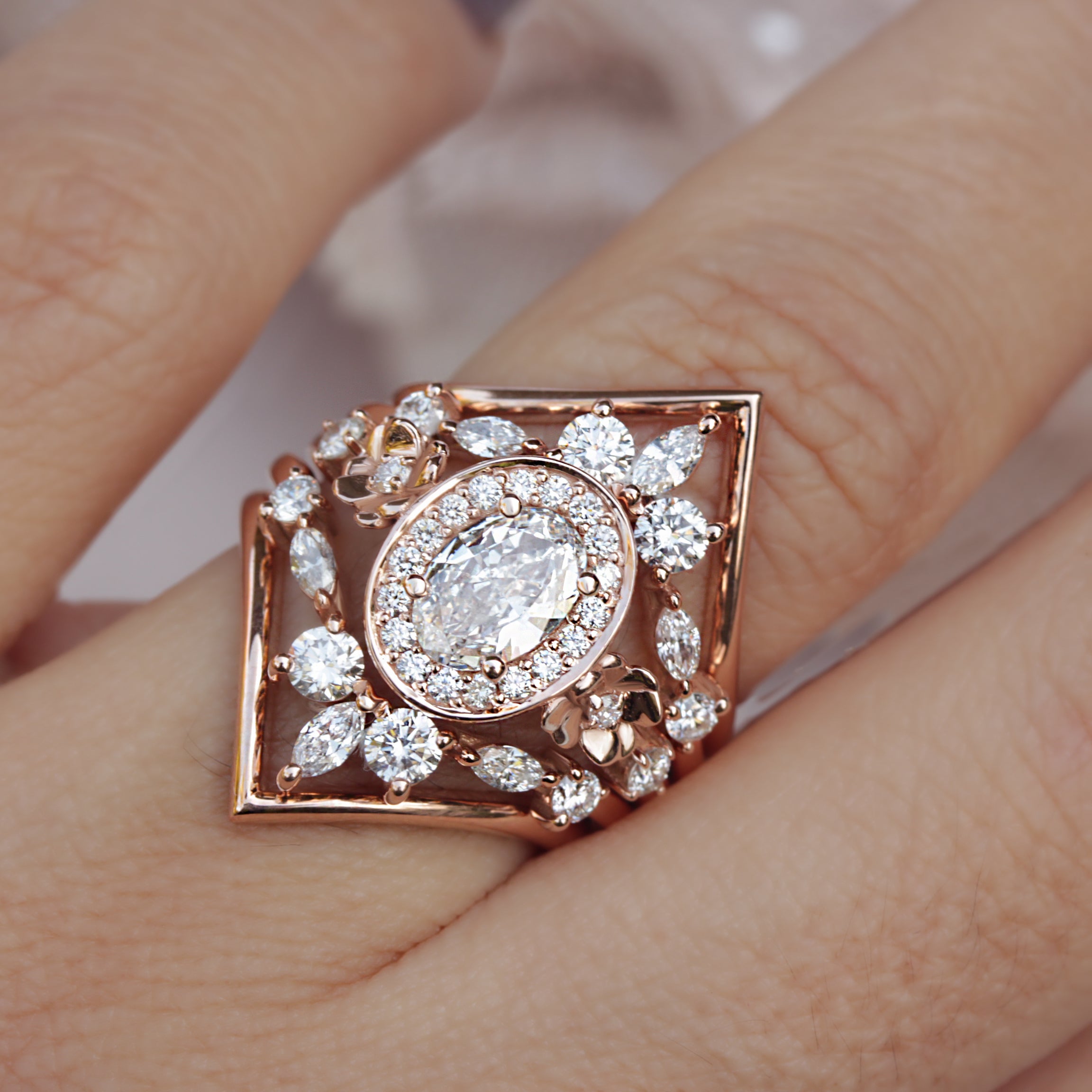 Oval Diamond Floral Ring "Antheia" & Her Sidebands Five Rings Set ♥