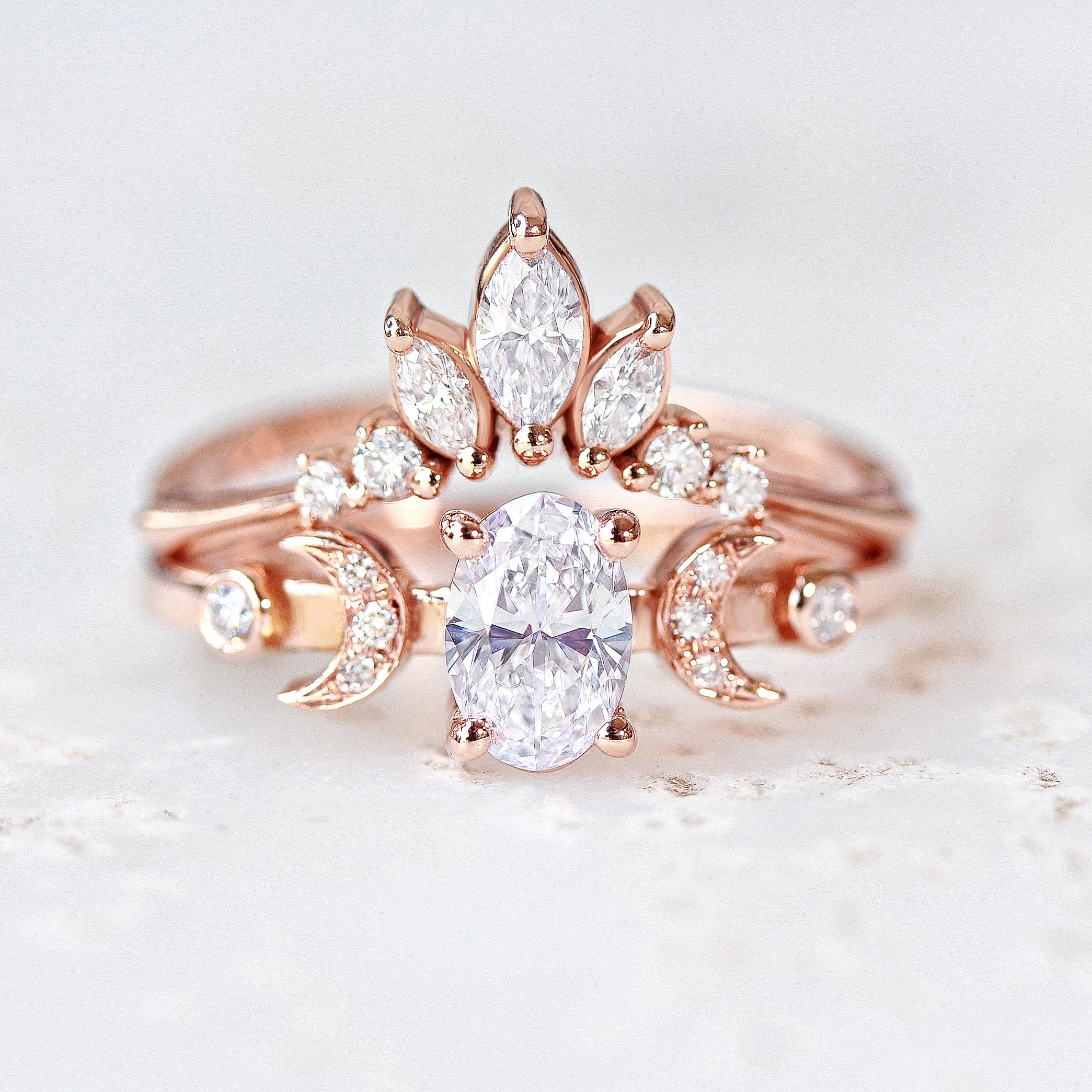 Oval diamond celestial two moons engagement ring ♥