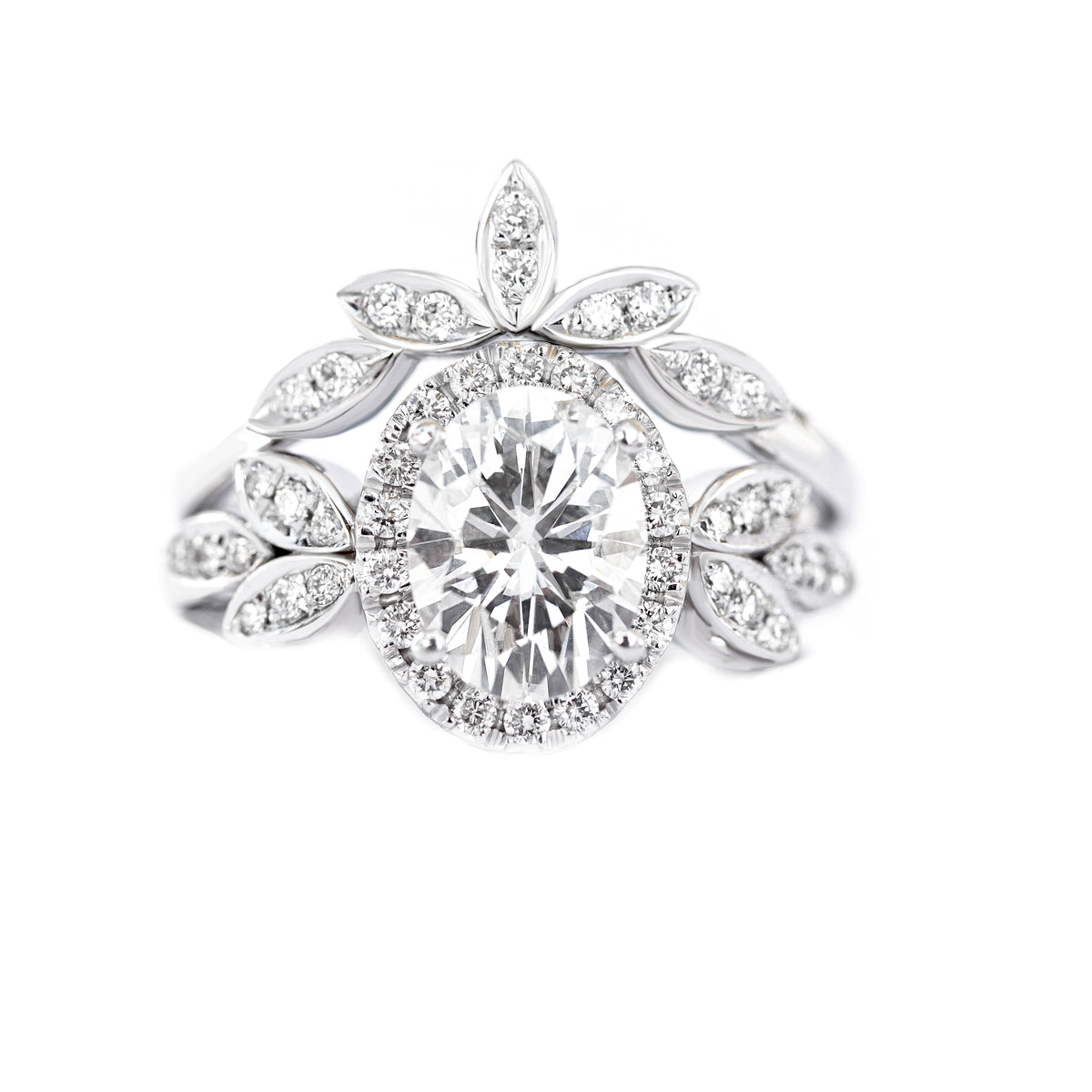 Oval Diamond Floral Two Rings Set "Minimal Lily"