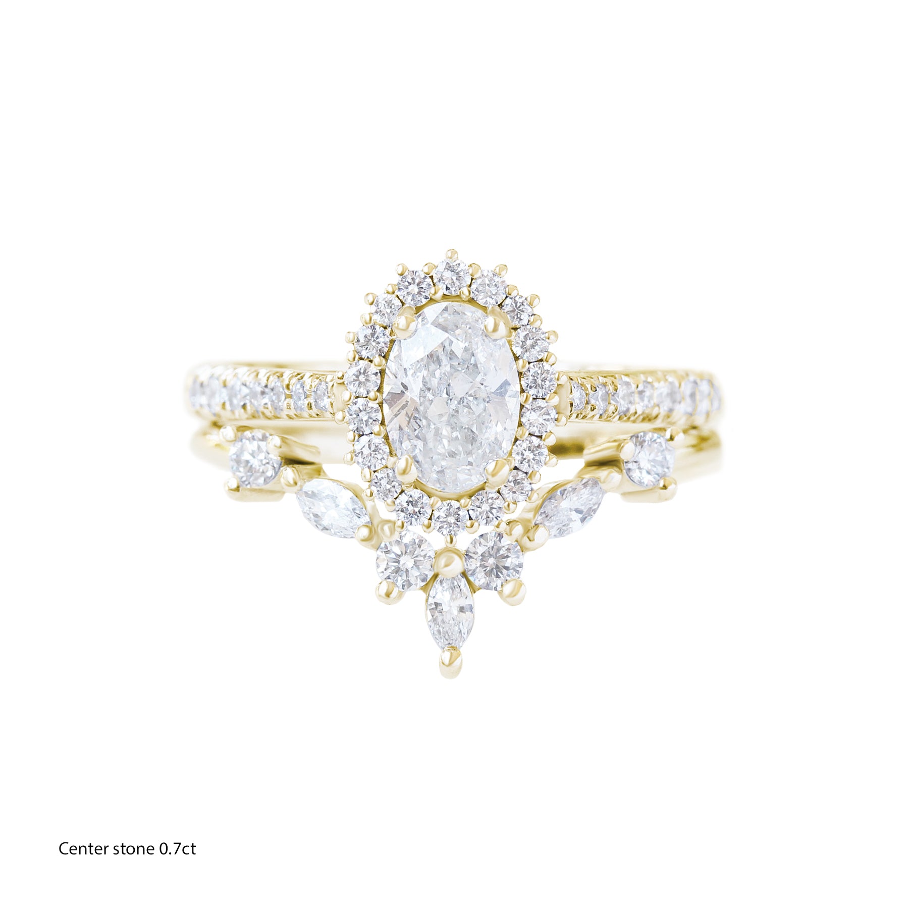 Oval Diamond Halo Engagement ring "Nia" & "Hermes" Wedding Band Two Rings Set