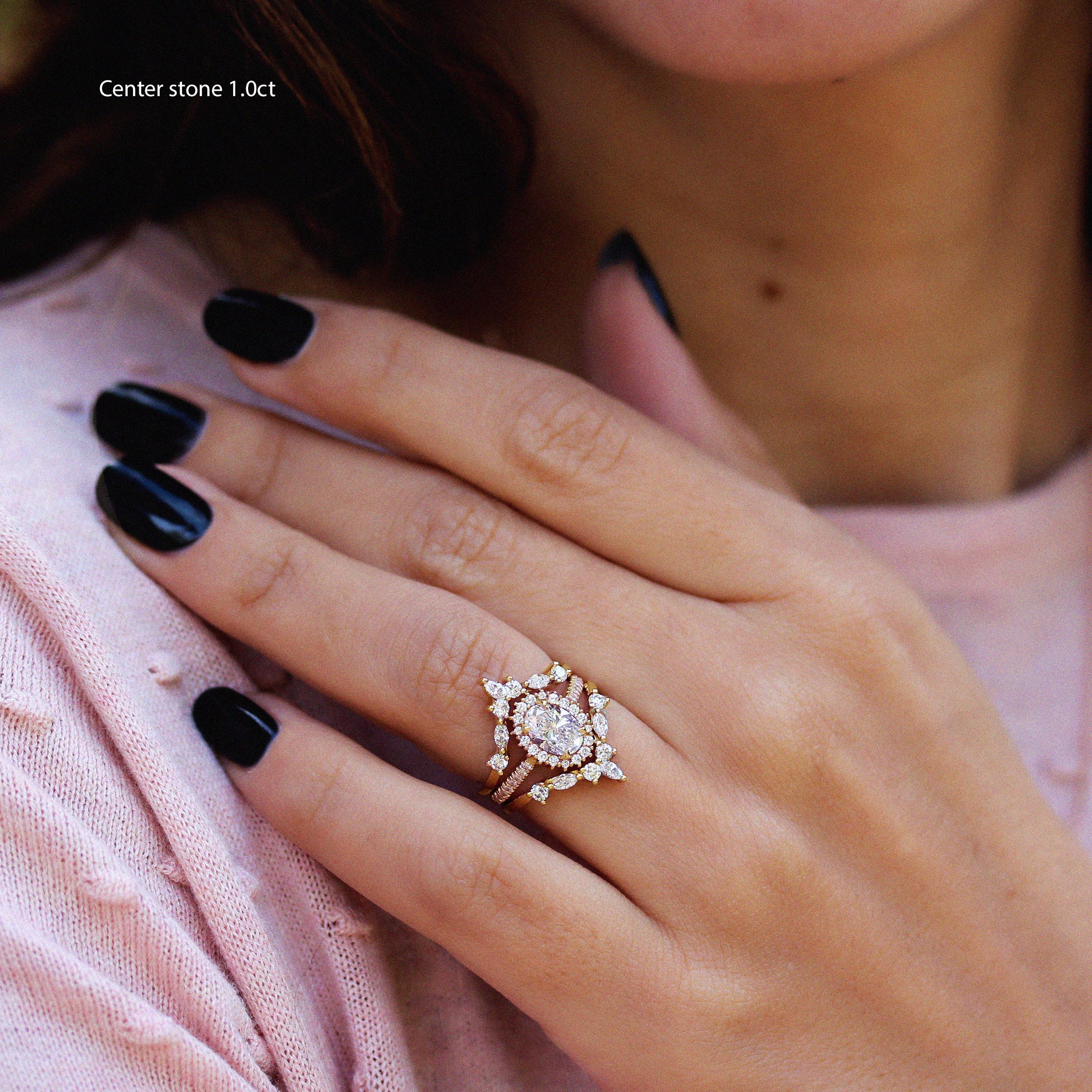 Oval Diamond Halo Engagement ring "Nia' & Two "Hermes" Nesting Bands Three Rings Set