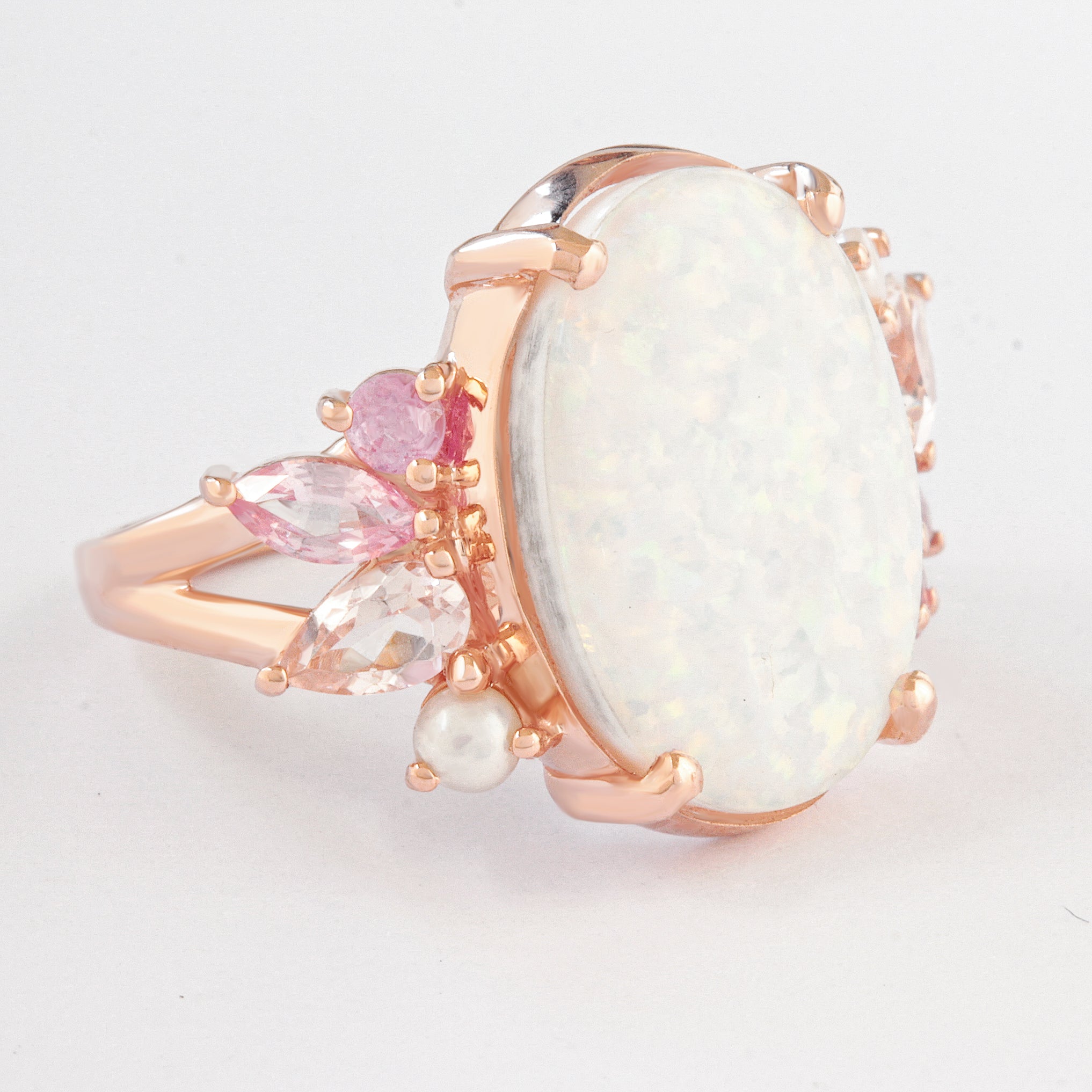 OOAK White Opal, Pink Gemstones and pearls Engagement Ring ♥