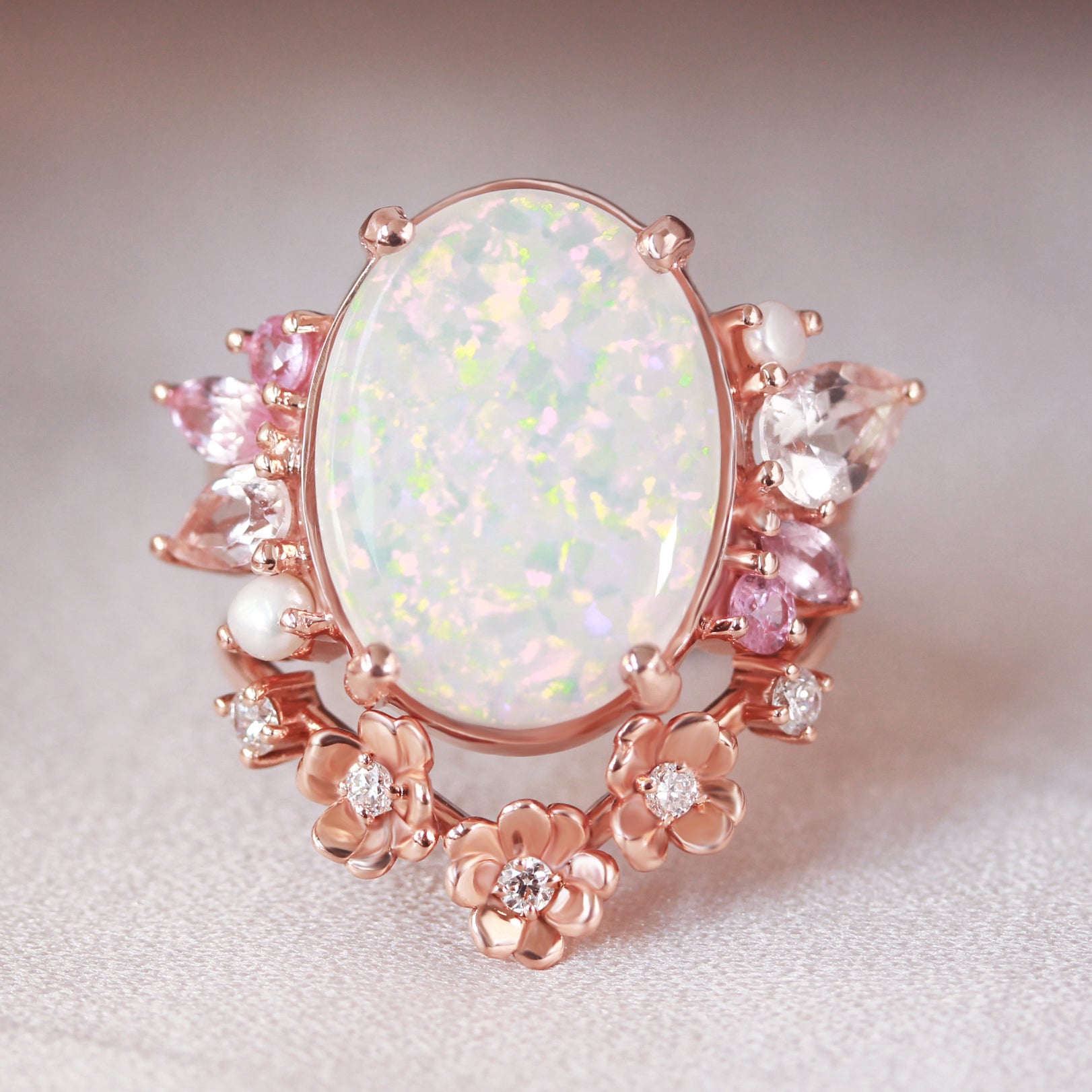 OOAK White Opal, Pink Gemstones and Pearls Engagement Ring ♥