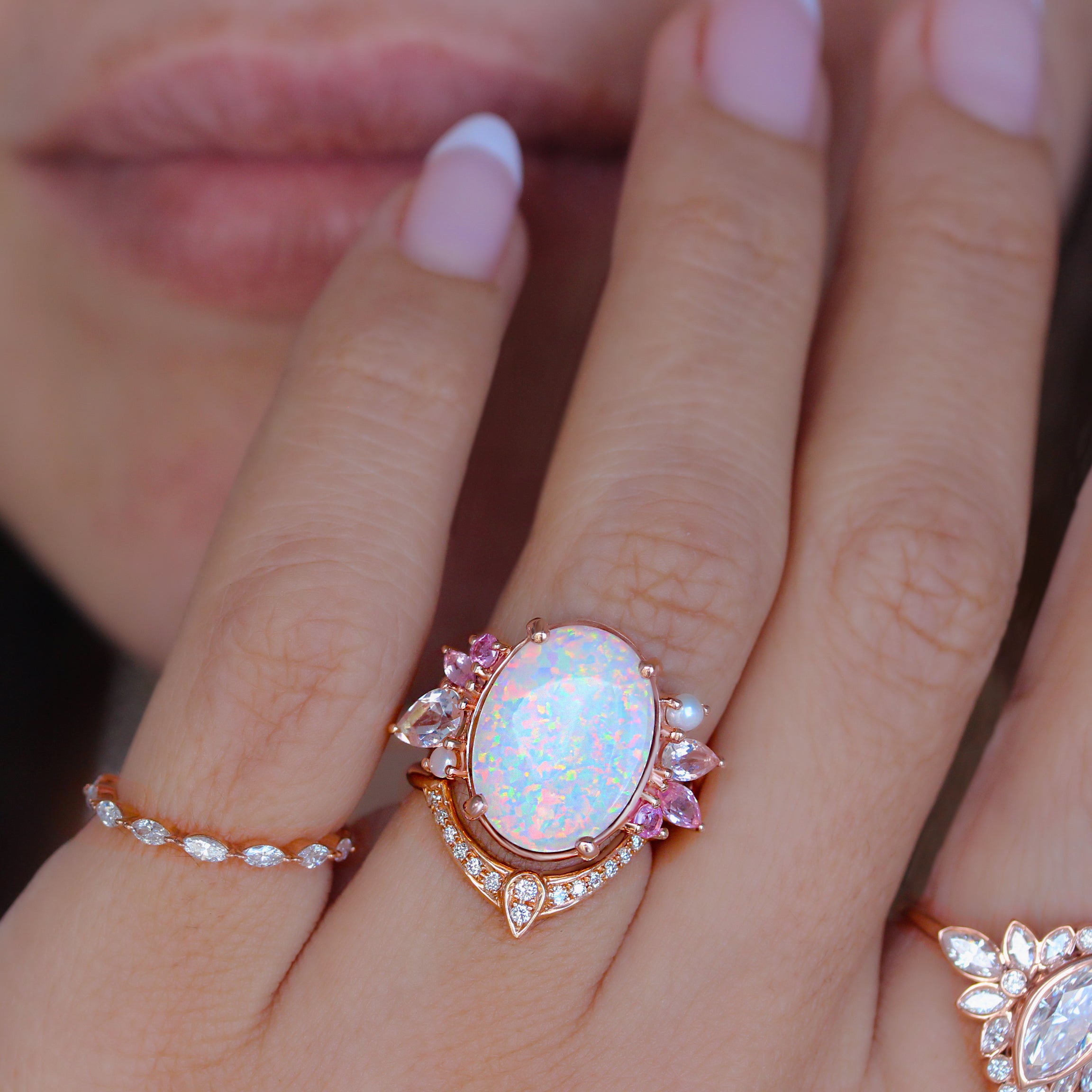 OOAK White Opal, Pink Gemstones and pearls Engagement Ring ♥