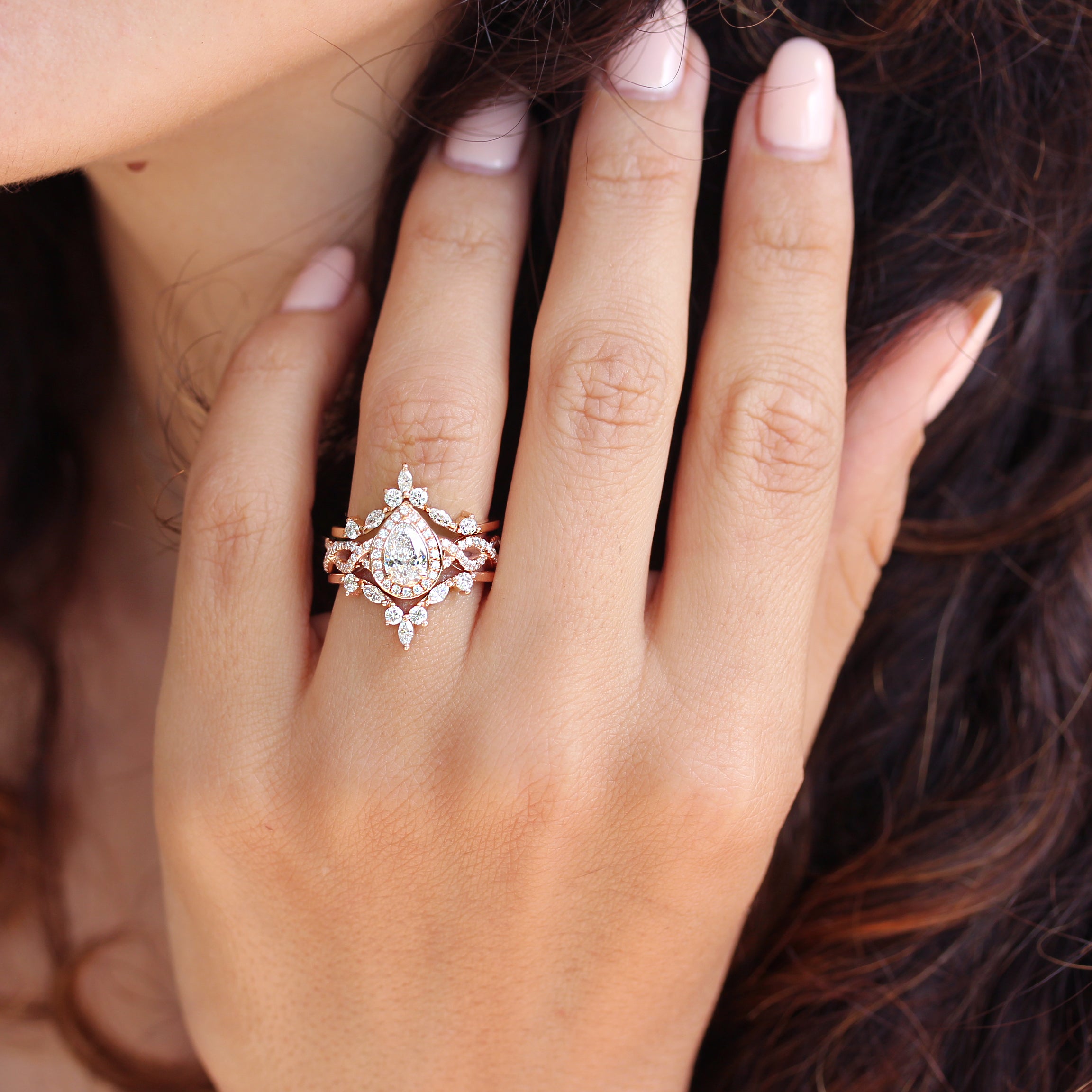 Pear Diamond Halo Twist Shank Unique Engagement & two Hermès Wedding Rings Guard Enhancer - sillyshinydiamonds