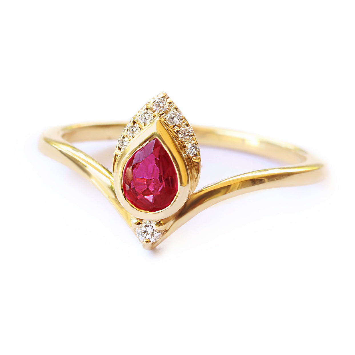 Pear Ruby & Diamonds Ring, 14K Yellow Gold, size 7, Atyasha - sillyshinydiamonds