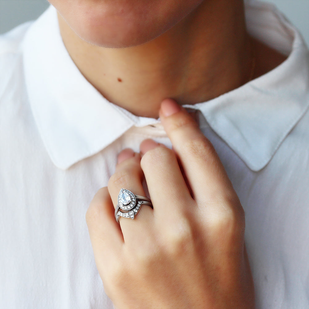 Pear 1.0ct Engagement & Wedding, The 3rd Eye Ring Bridal Set - sillyshinydiamonds