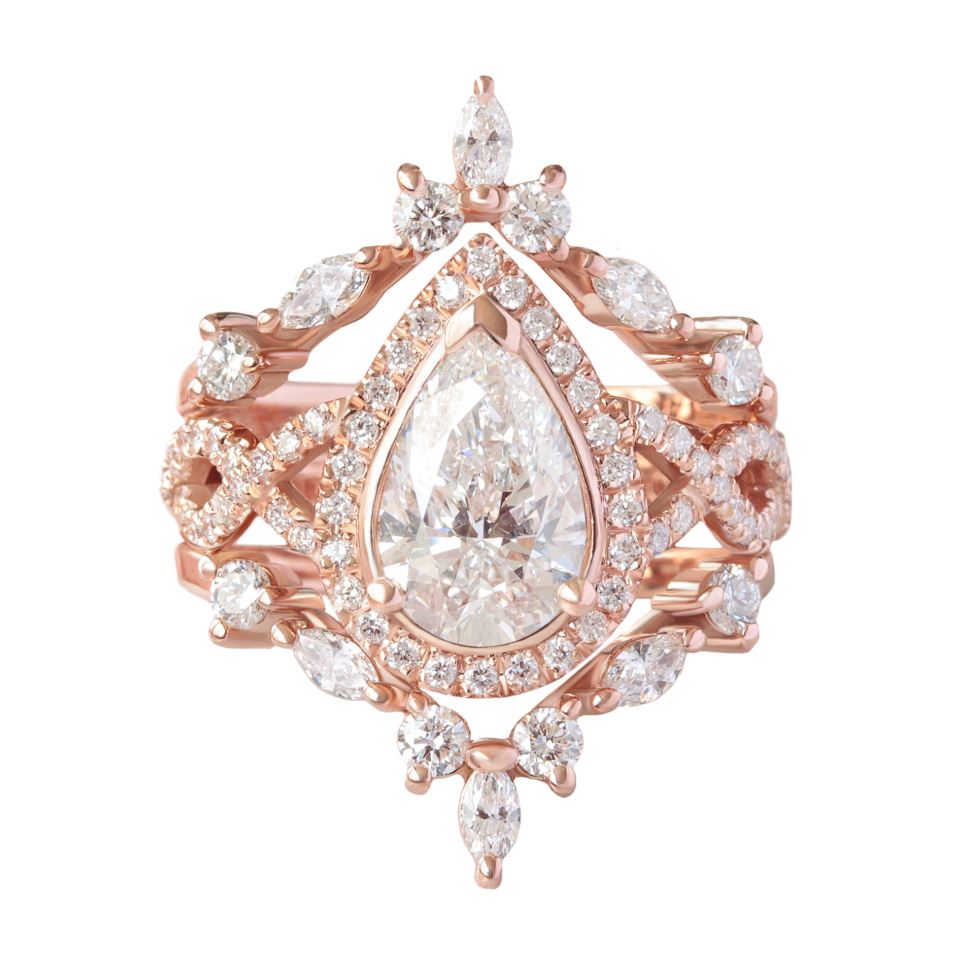 1.5 carat Pear Diamond halo, Twist Shank rose gold Engagement Ring Romeo 