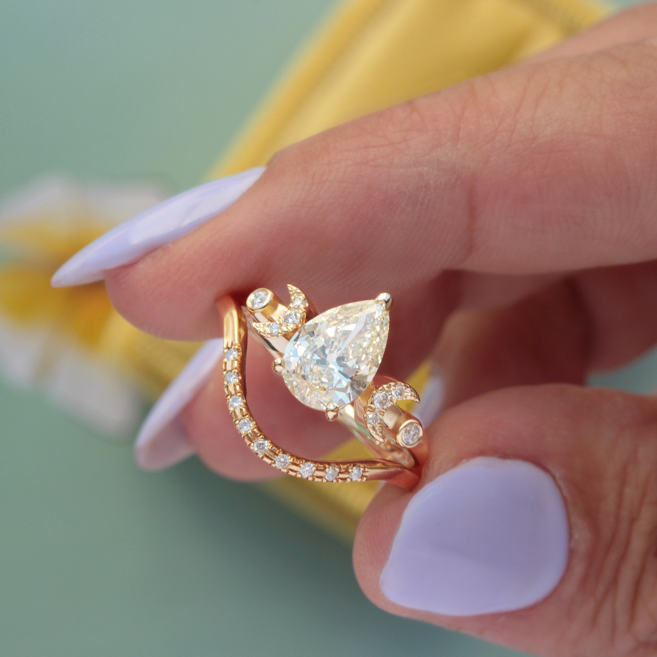Moon Phase Pear Yellow Diamond Celestial Unique Engagement Ring