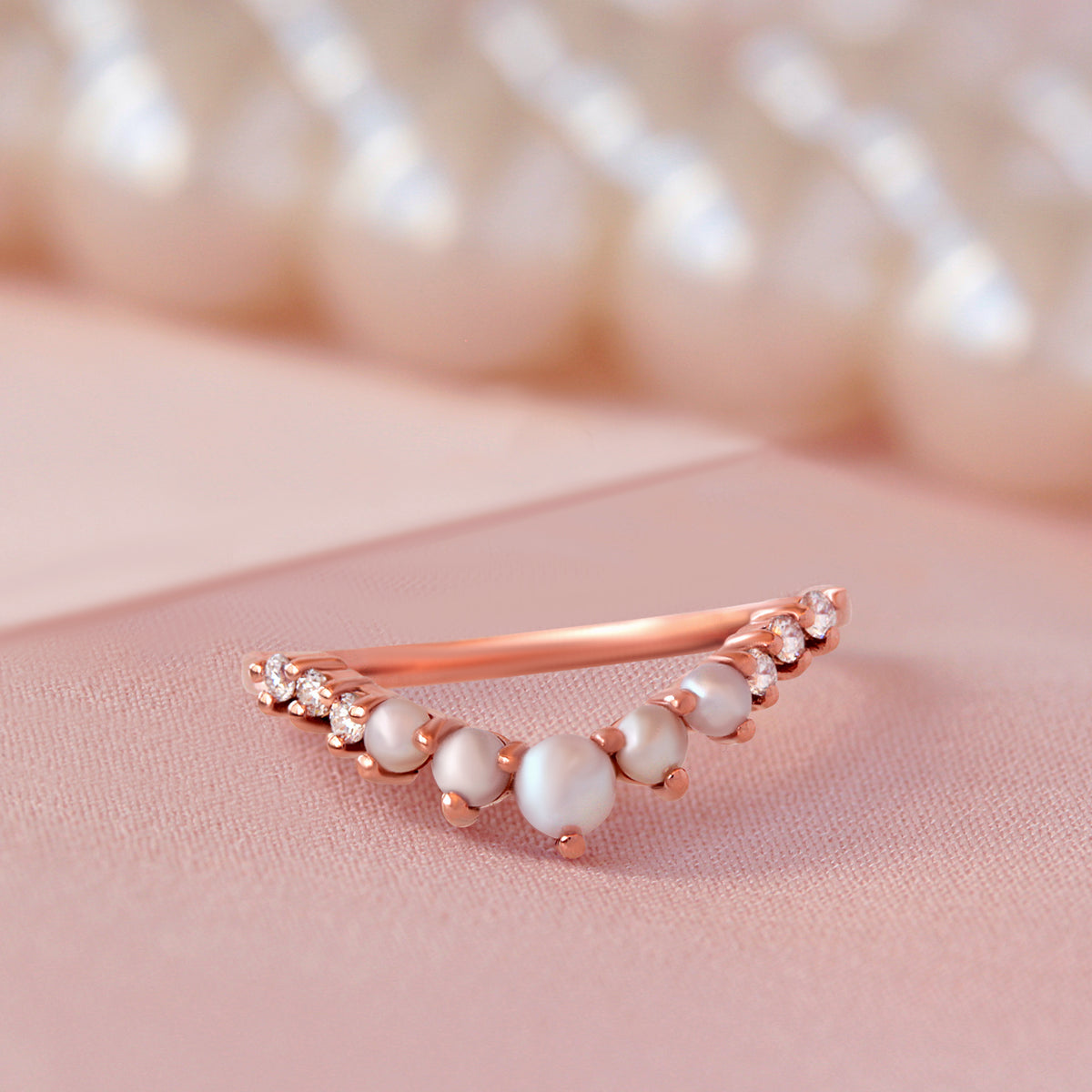 pearls and diamonds v ring rose gold 