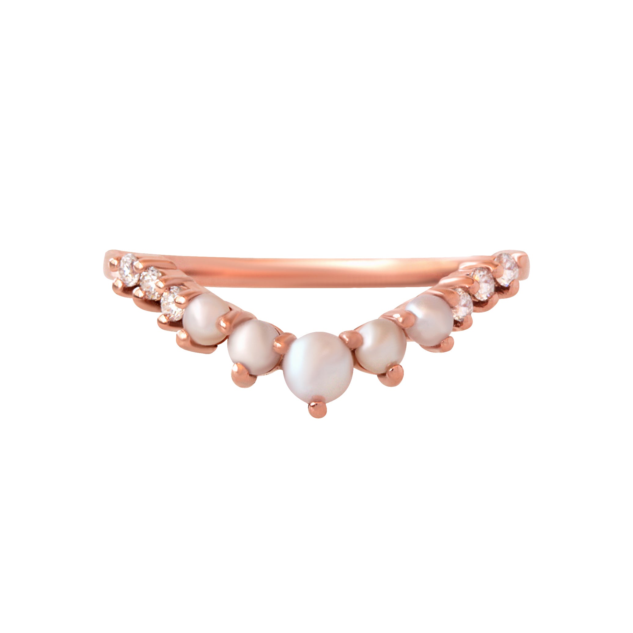 pearls and diamonds v-ring rose gold
