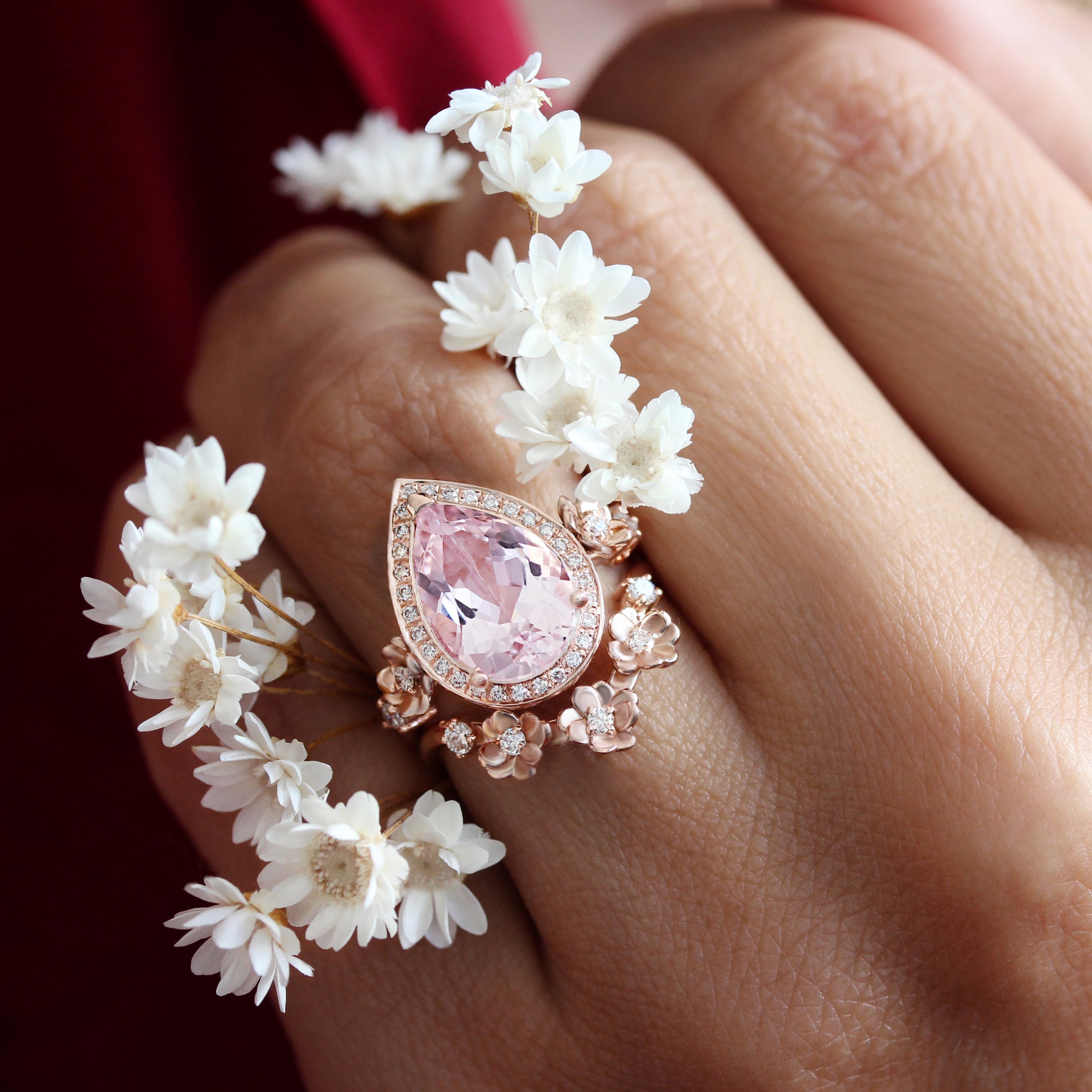 pear pink morganite flower wedding ring set